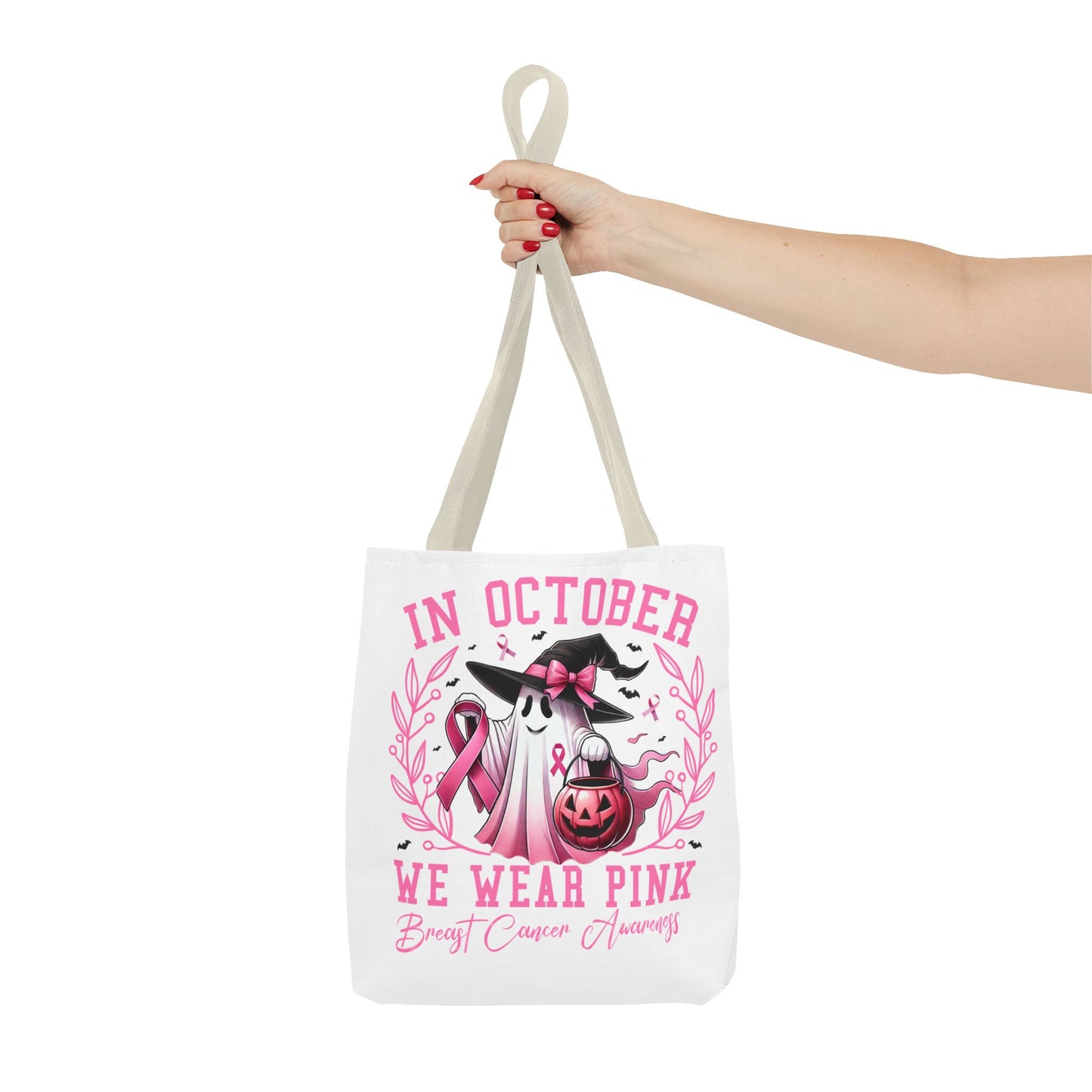 🎀 In October We Wear Pink Tote Bag – Breast Cancer Awareness with Spooky Charm 🎃