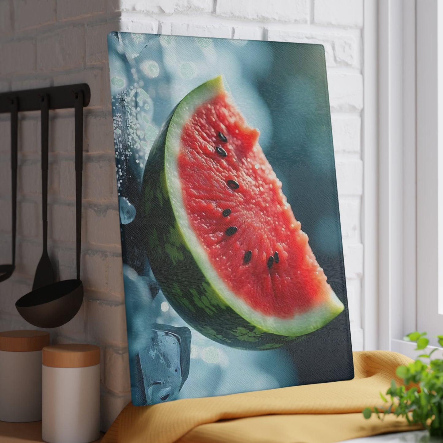 Tabla de cortar de vidrio con rodajas de sandía sobre hielo: una refrescante decoración de cocina de verano, un vibrante regalo con temática frutal.