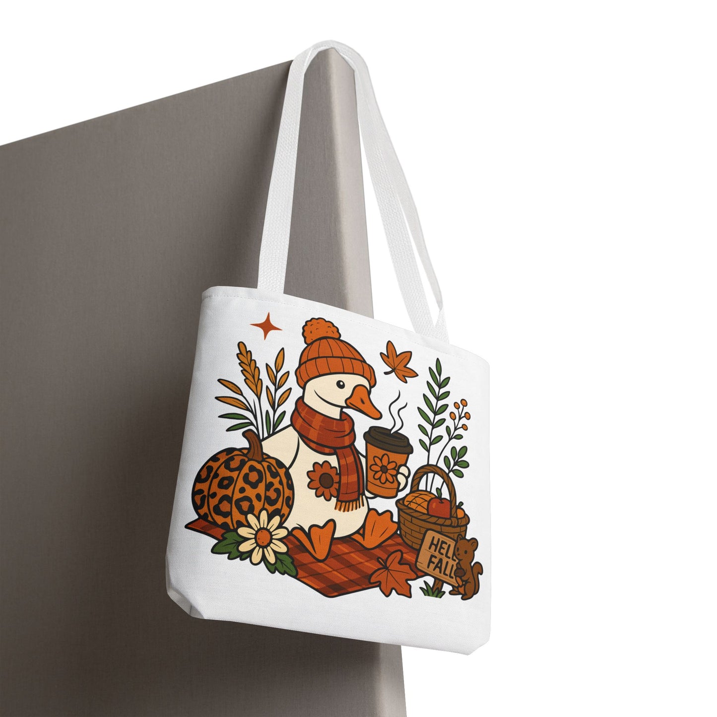 🧣 Hello Fall Cozy Duck Tote Bag – A Quirky Autumn Hug in a Bag 🍂🦆