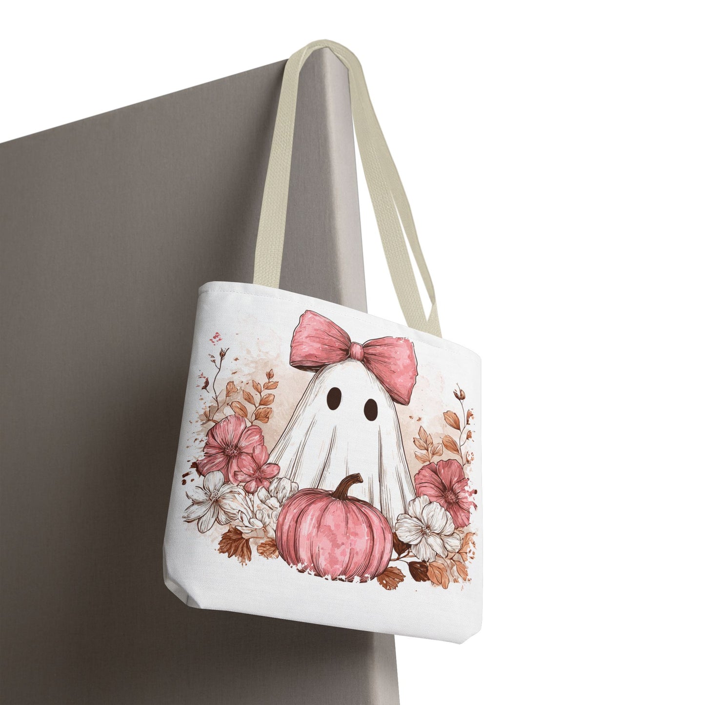 ๐ป Pink Bow Ghost Floral Halloween Tote Bag โ Spooky Cute with Fall Charm ๐๐