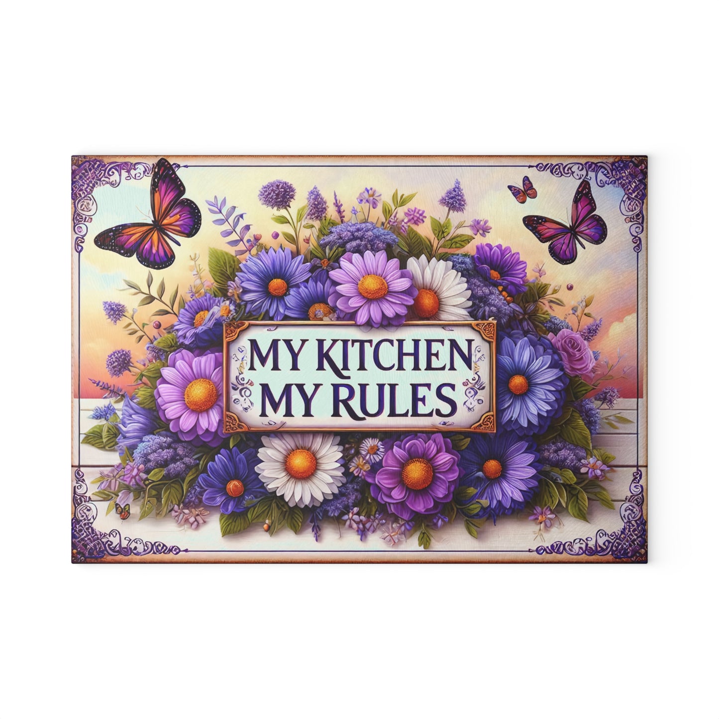 🦋 My Kitchen My Rules Cutting Board – Bold Floral Charm with Attitude