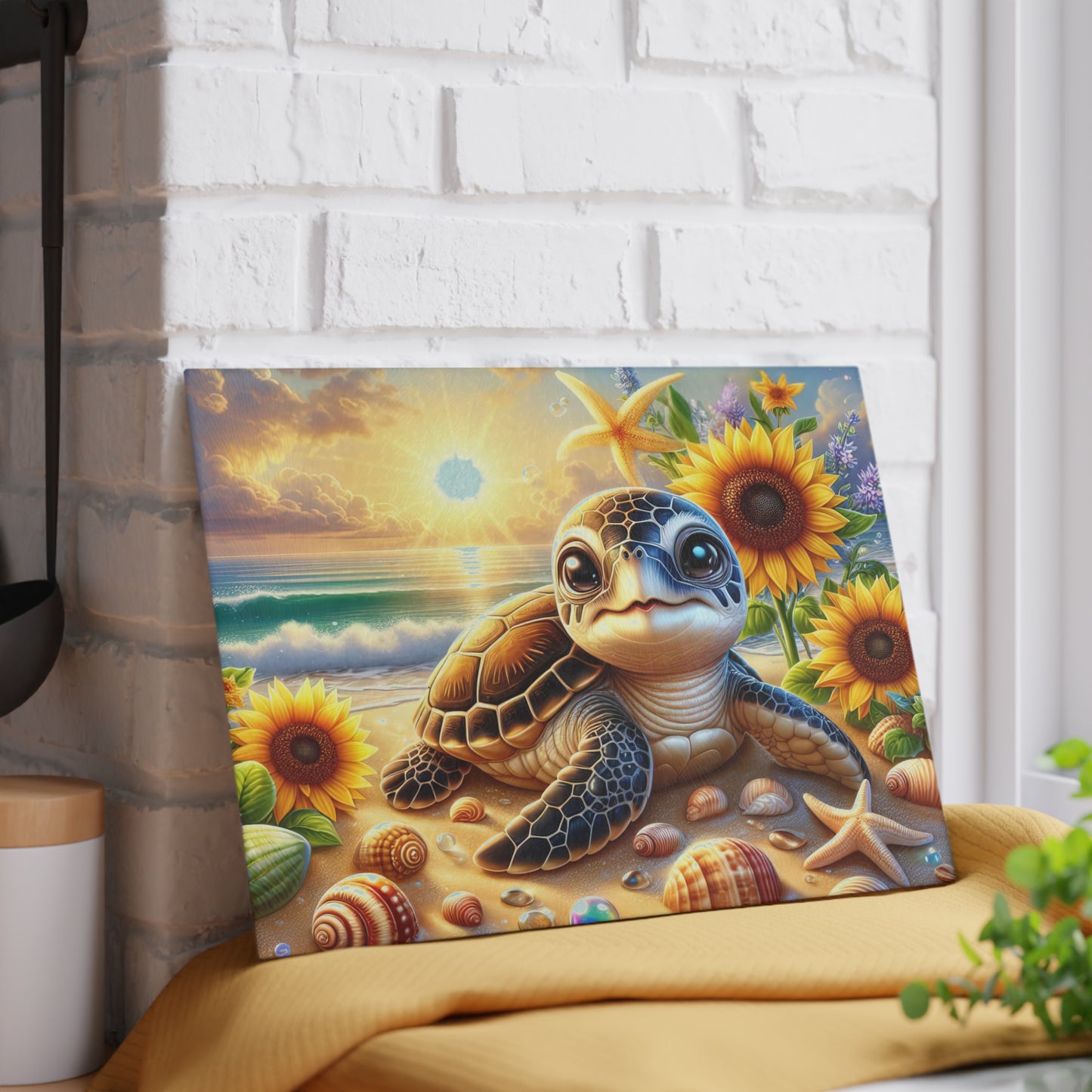 Tabla de cortar de playa con diseño de tortuga marina bebé: encanto soleado y fantasía costera para tu cocina