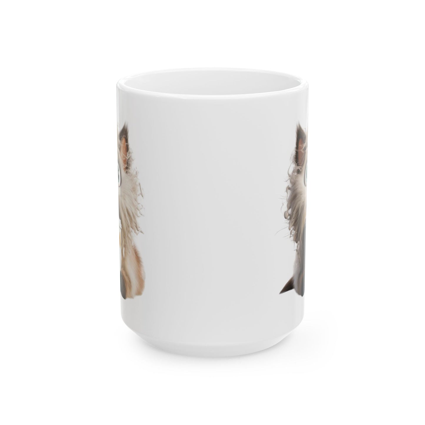 Fluffy Cat Coffee Mug – Funny Surprised Cat Holding a Coffee Cup – Personalized