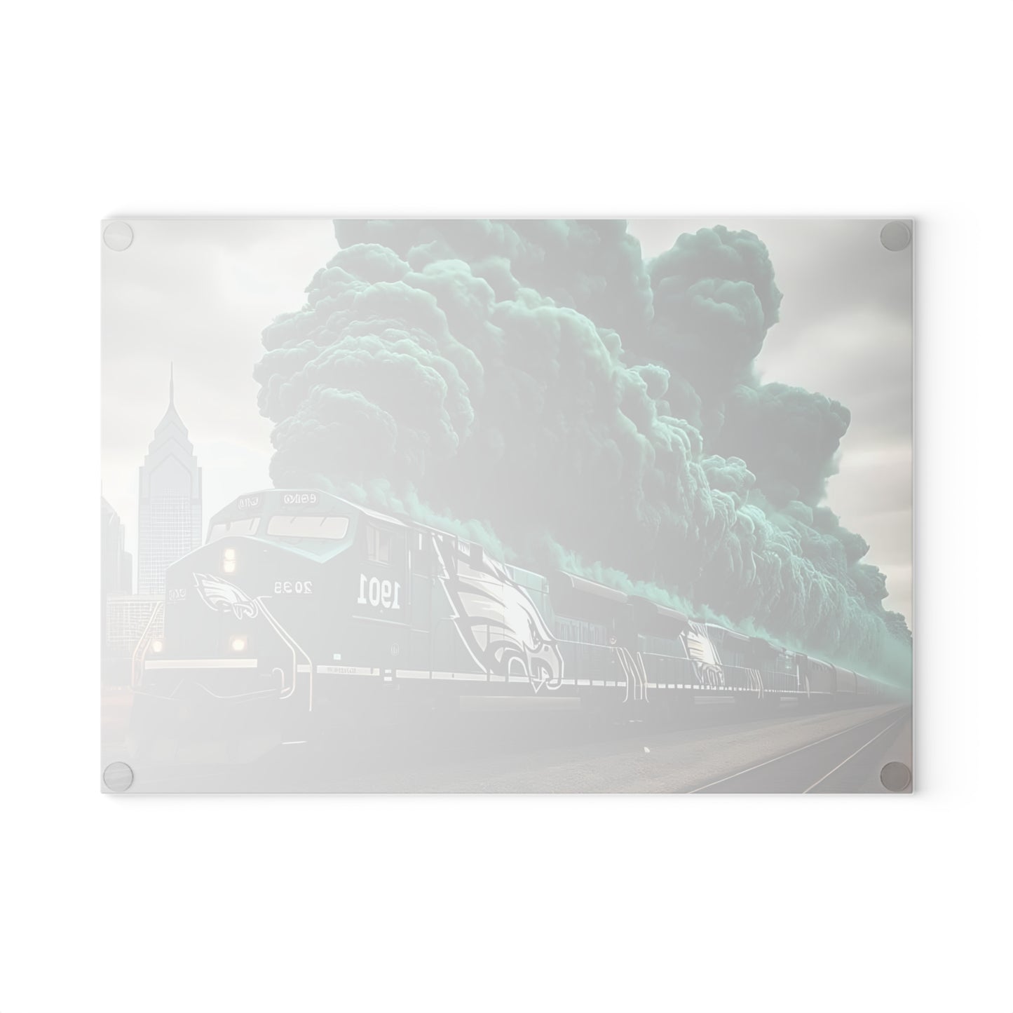 Tabla de cortar de vidrio Express verde oscuro y plateado: arte de tren con un toque atrevido para cocinas atemporales y audaces