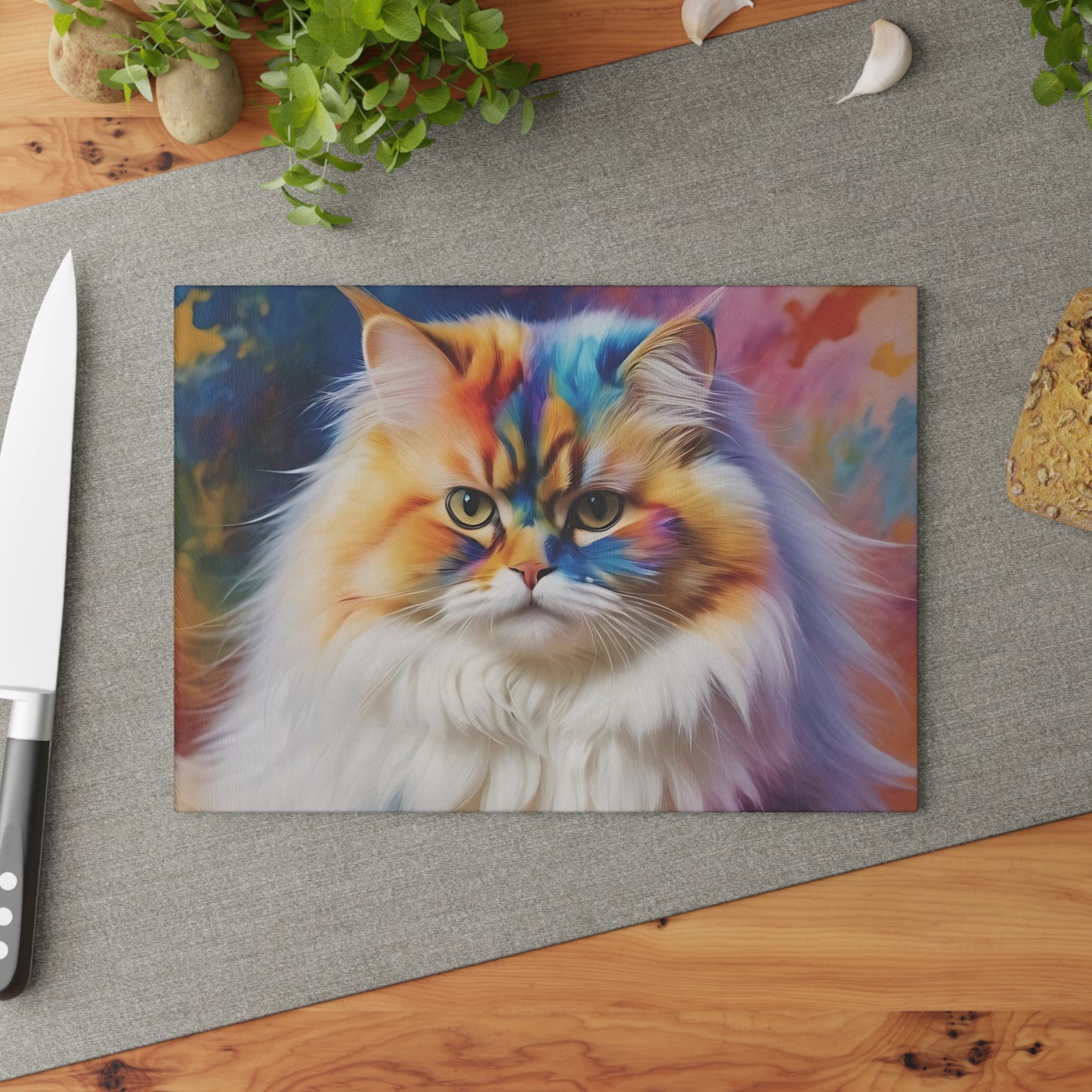 🐱🎨 Rainbow Regal Persian Cat Cutting Board – Colorful Whimsy Meets Kitchen Chic 💫