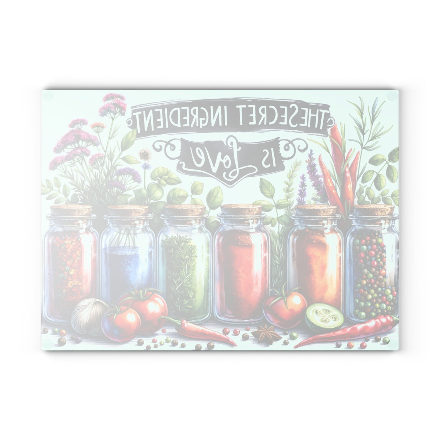 🌿 The Secret Ingredient Is Love Cutting Board – Colorful Herbs & Spices with Farmhouse Charm 🍅💚