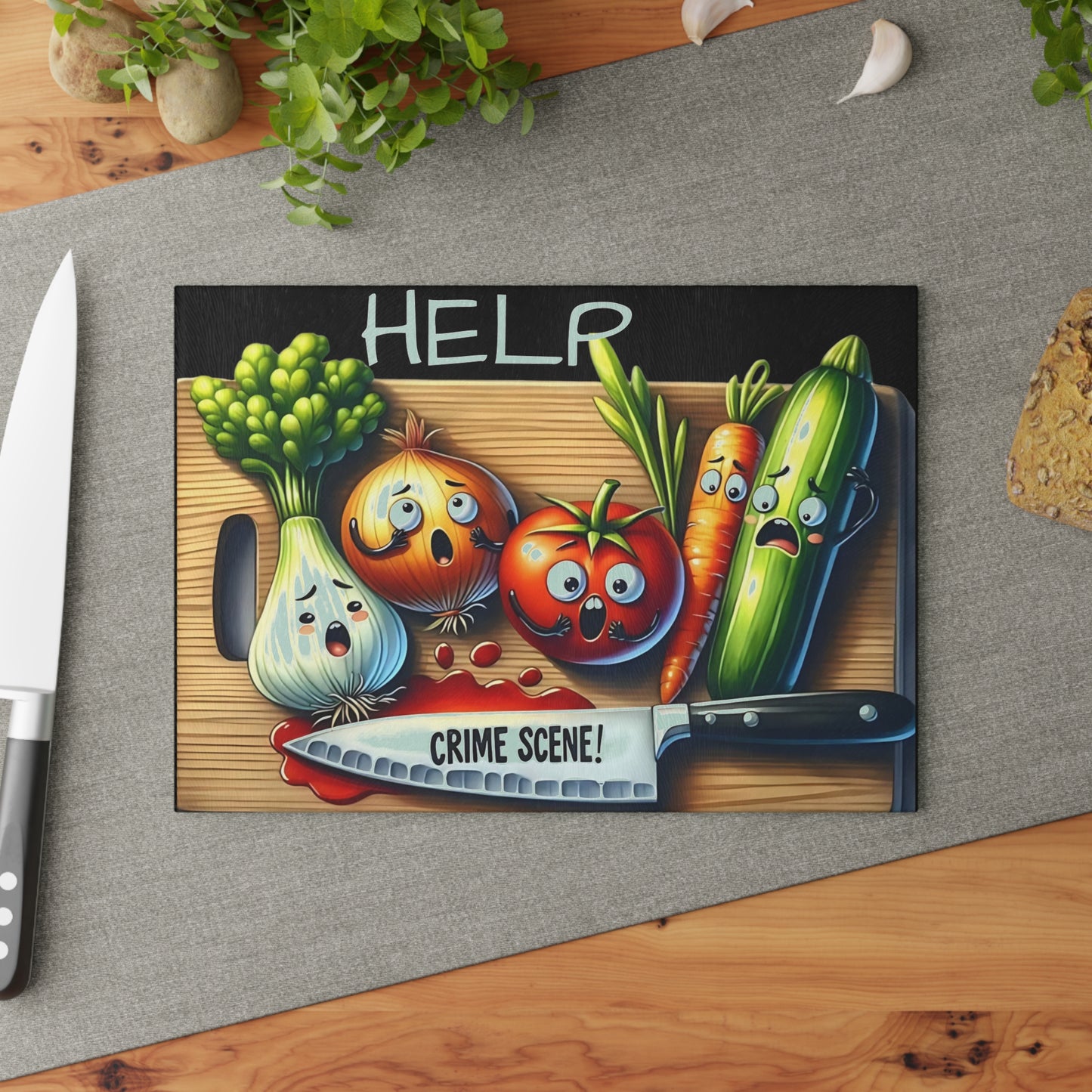 Tabla de cortar de vidrio para escena del crimen en la cocina: ¡Vegetales gritones y estilo asesino!