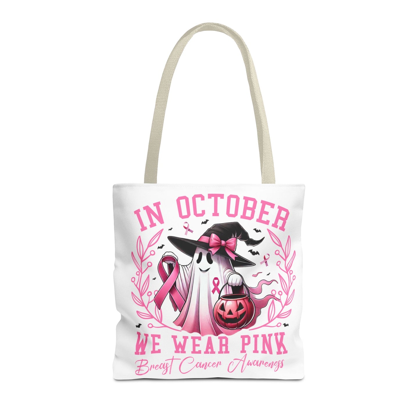 🎀 In October We Wear Pink Tote Bag – Breast Cancer Awareness with Spooky Charm 🎃