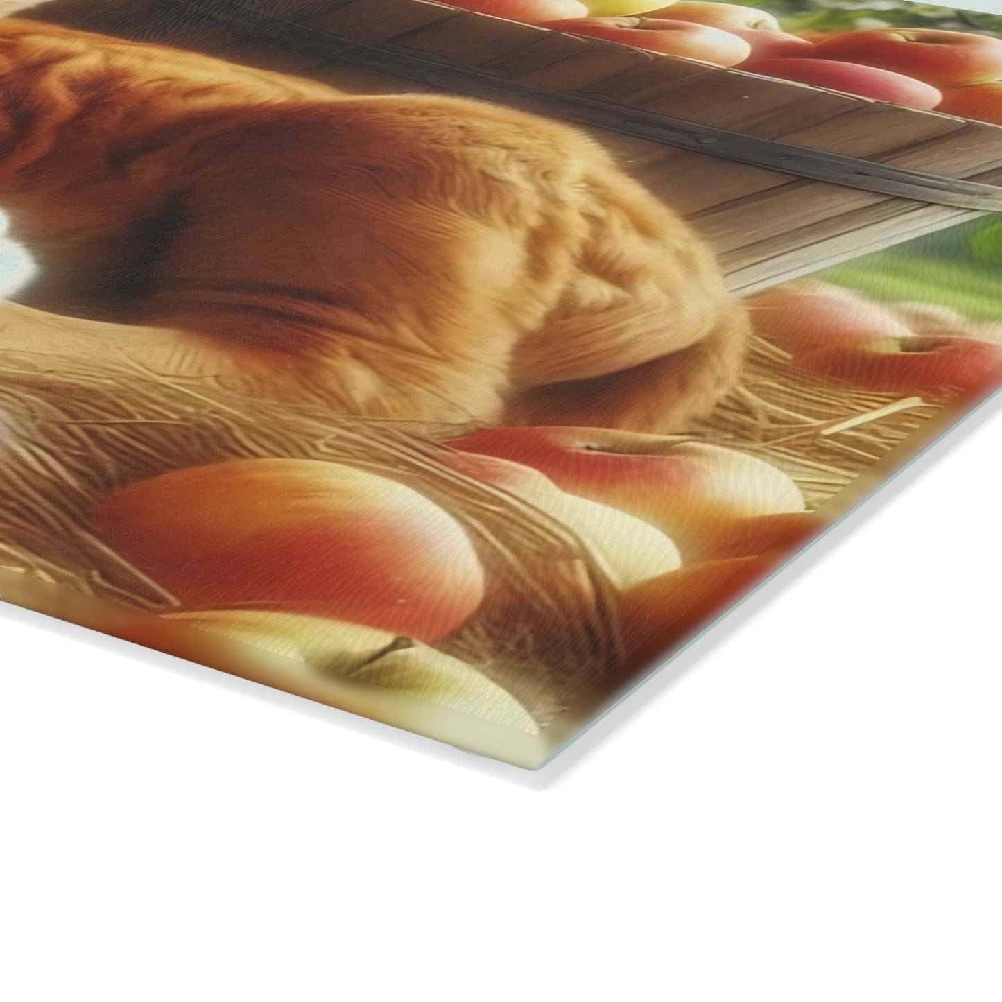 Tabla de cortar con diseño de vaca y pollito en heno con manzanas, regalo único, tabla de cortar de vidrio, tabla de charcutería, tabla de cortar personalizada
