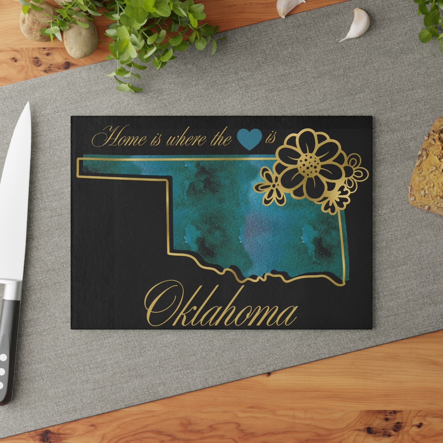 💙 Oklahoma State Cutting Board – Turquoise Heartland Charm with Golden Touch