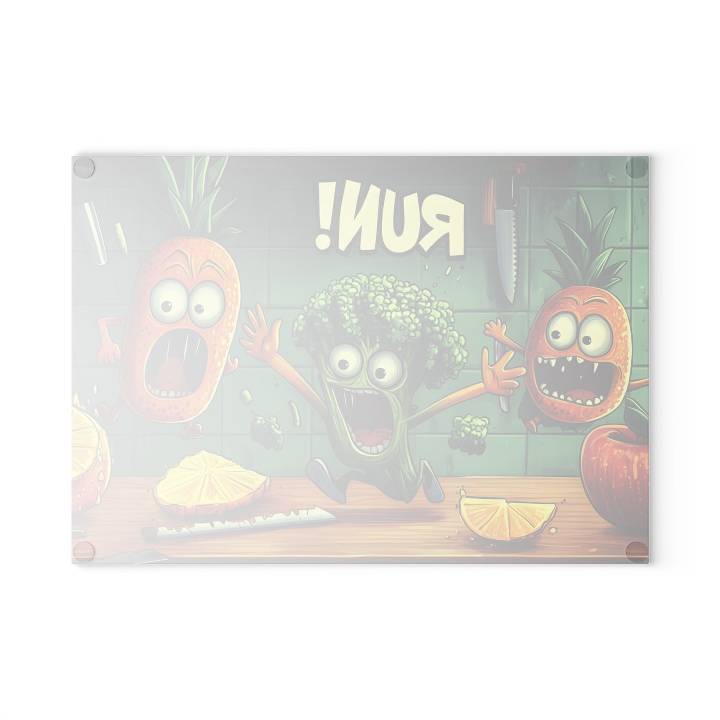 Tabla de cortar de vidrio "¡CORRE!" - Decoración de cocina de humor de Scared Veggies 😱🔪