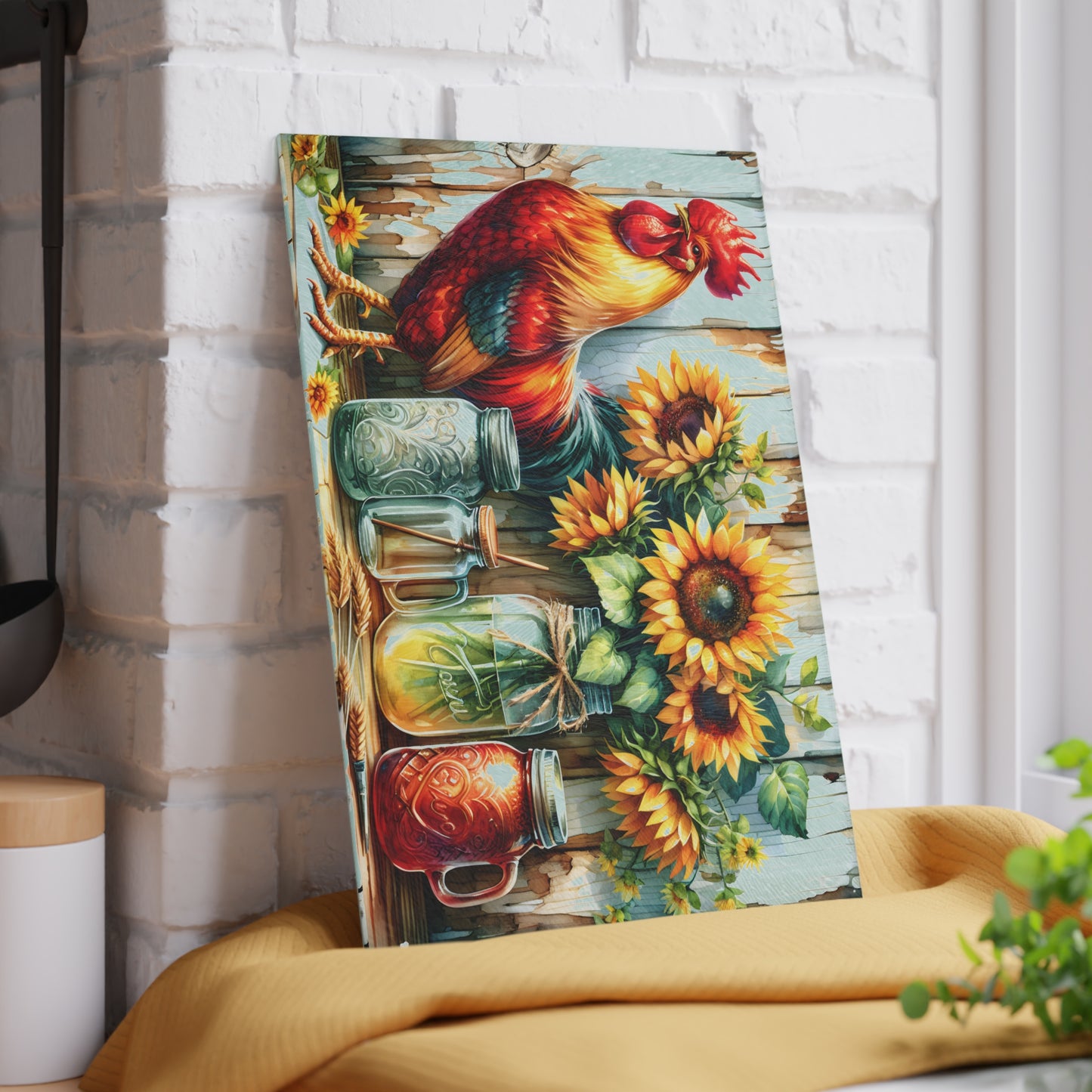🐓 Rustic Rooster & Sunflowers Cutting Board – Farmhouse Mason Jar Kitchen Art