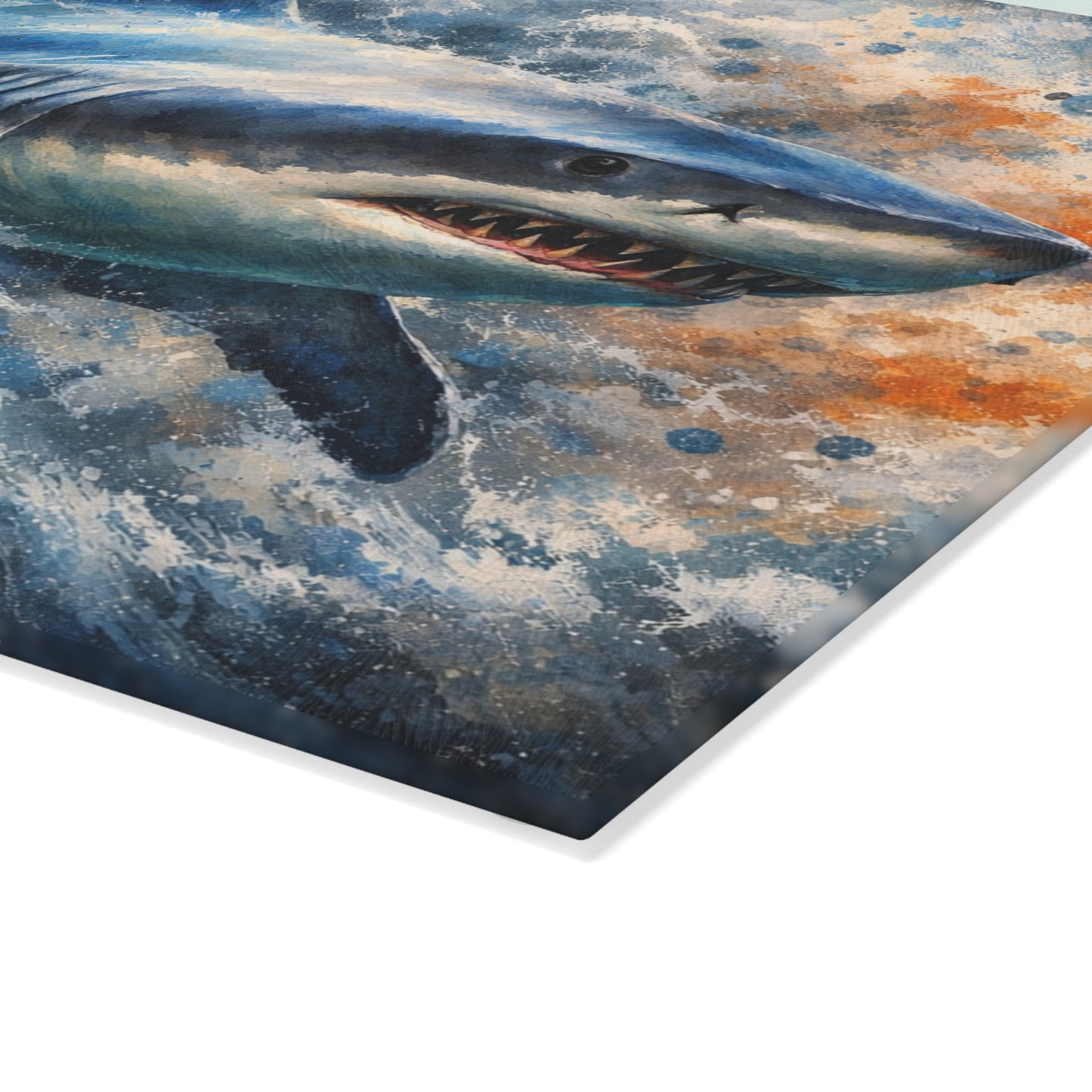 Power of the Tide Glass Cutting Board – Dynamic Great White Shark Artwork