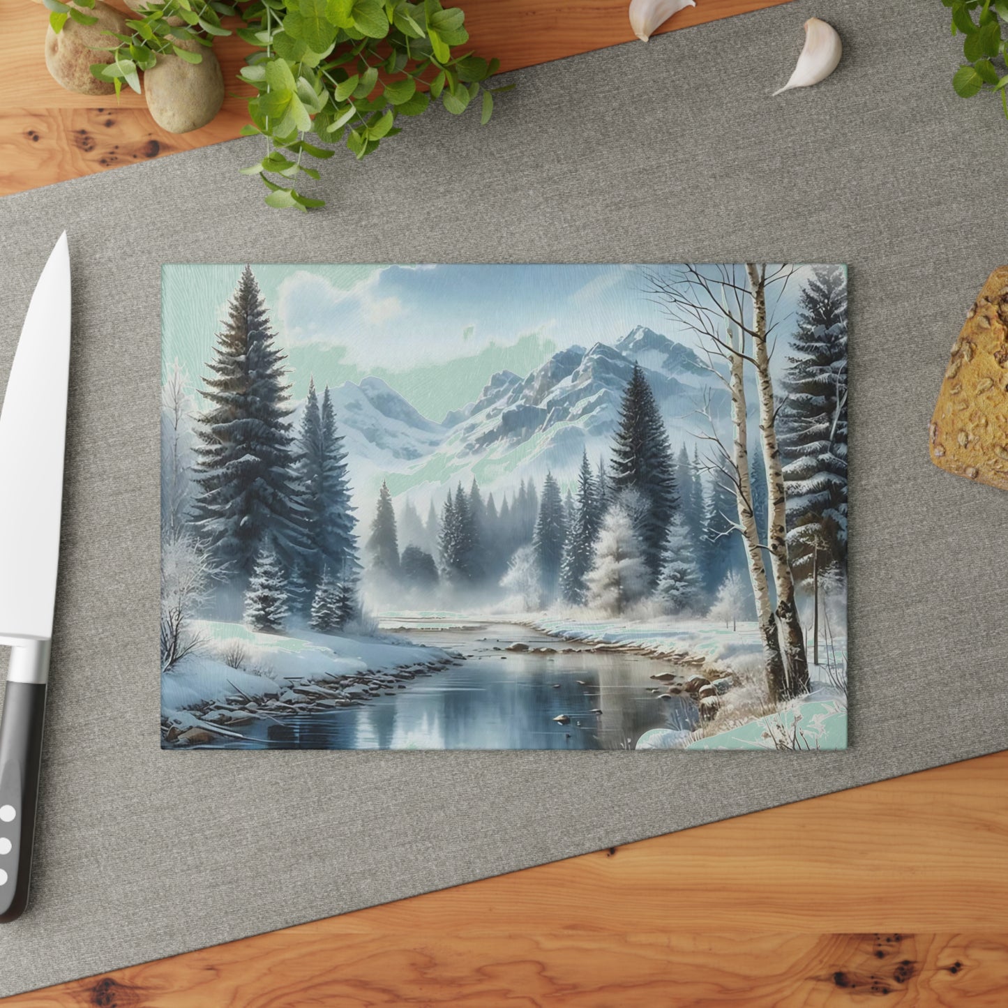 ❄️ Winter River Forest Cutting Board – Serene Snowy Escape for Your Kitchen 🏞️