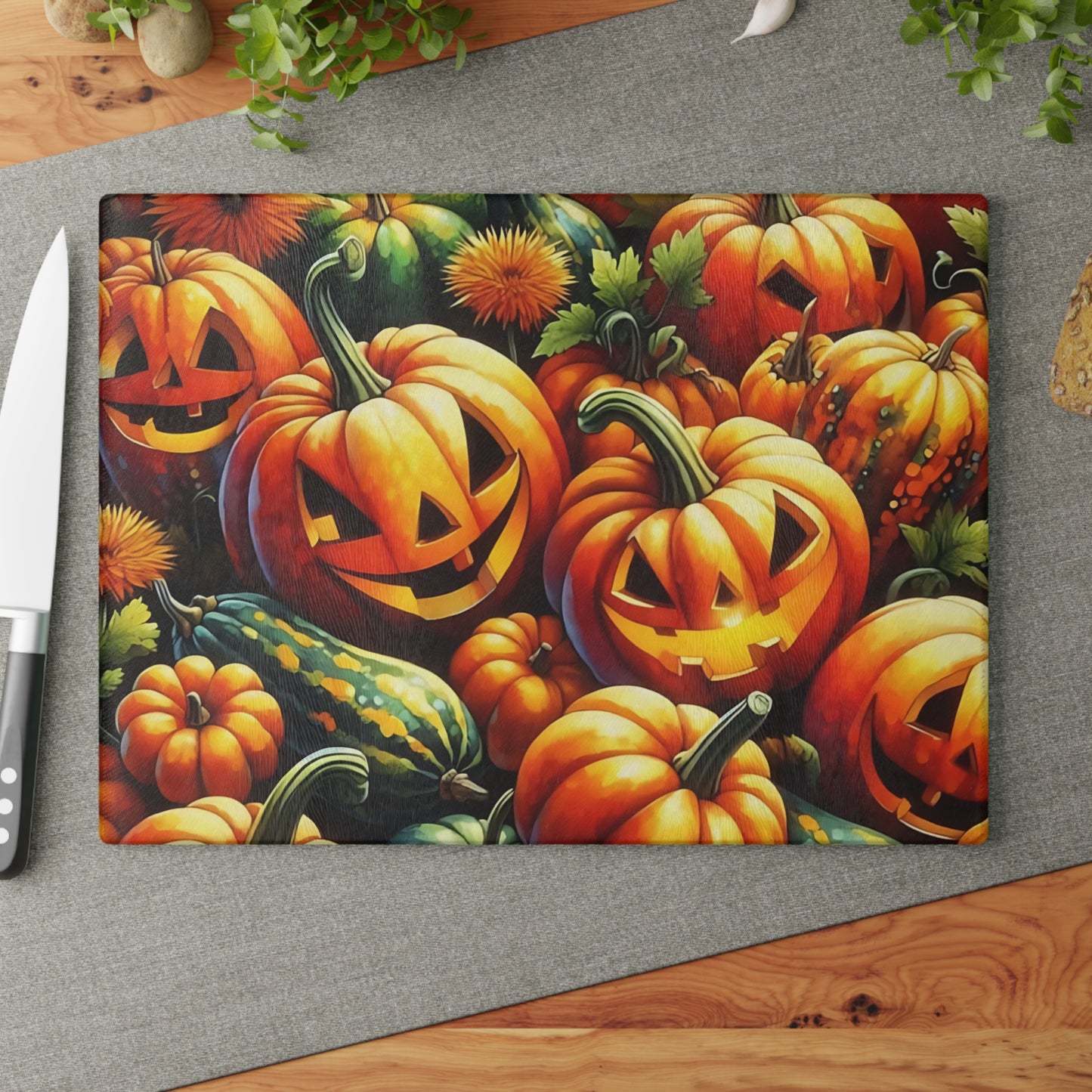 🎃🕸️ Jack-O’-Lantern Pumpkin Patch Cutting Board – Spooky & Festive Kitchen Charm 🧡🖤