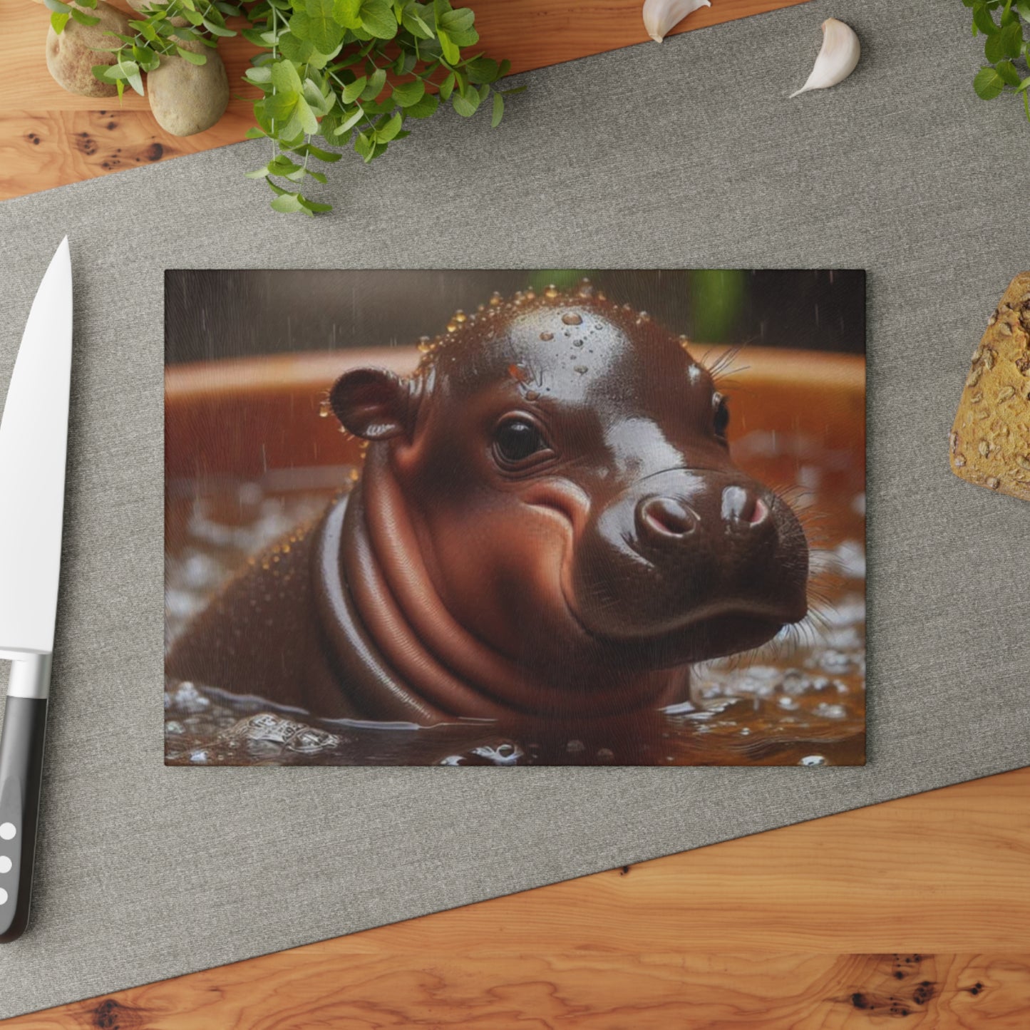 Tabla de cortar de vidrio con forma de hipopótamo pigmeo: adorable arte de vida silvestre para cocinas que aman a los animales