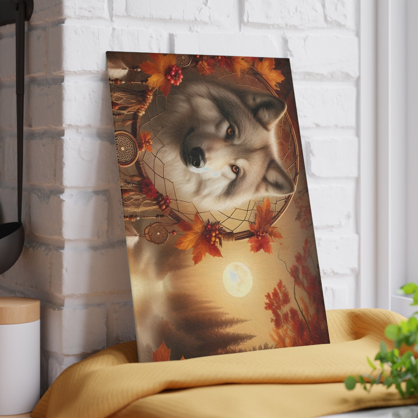 🐺 Autumn Wolf Dreamcatcher Cutting Board – Mystical Forest Elegance 🌕
