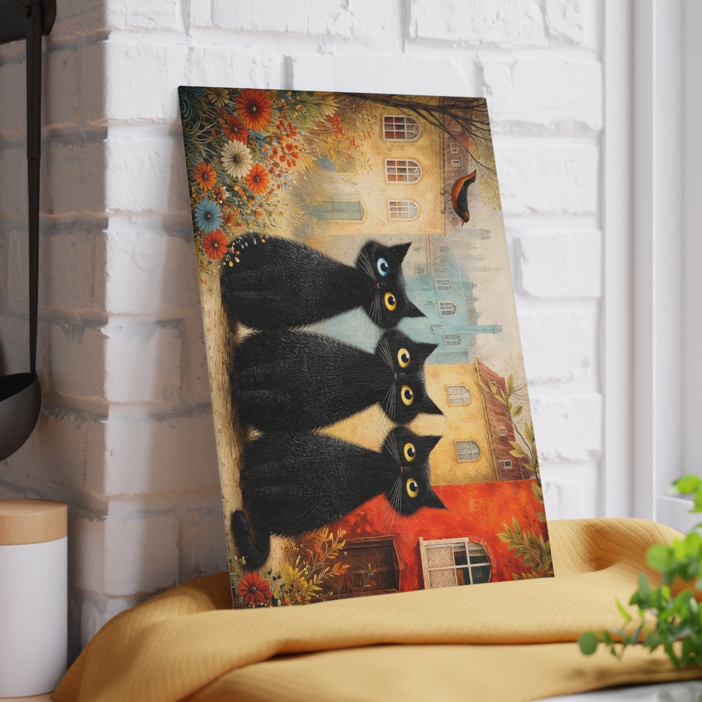 Whimsical Black Cat Glass Cutting Board – Storybook Village Cat Art Kitchen Decor