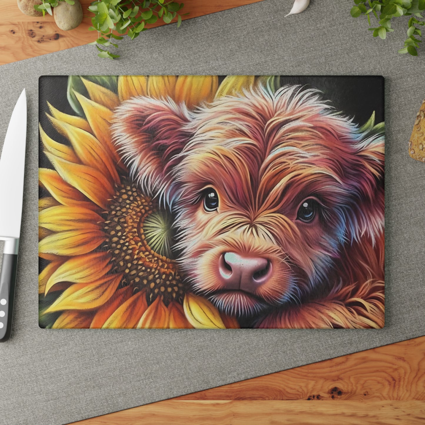 🌻 Highland Cow with Sunflower Glass Cutting Board – Beautifully Detailed Artwork for Your Kitchen 🌟
