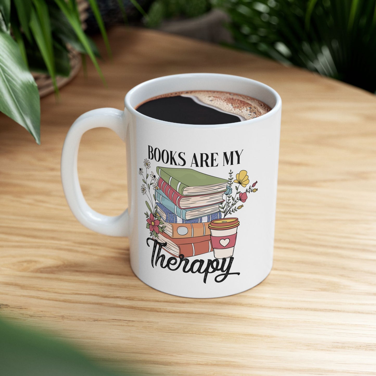 ☕📚 Book Lover’s Coffee Mug – Stacked Stories & Sips of Joy 🌼
