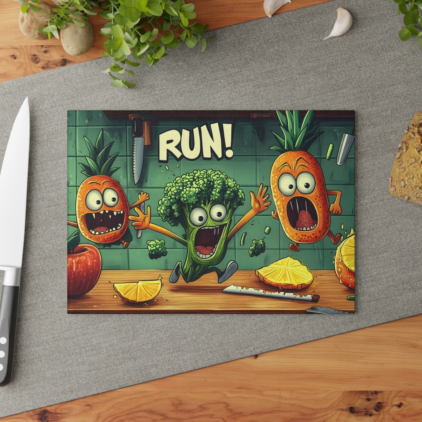 Tabla de cortar de vidrio "¡CORRE!" - Decoración de cocina de humor de Scared Veggies 😱🔪