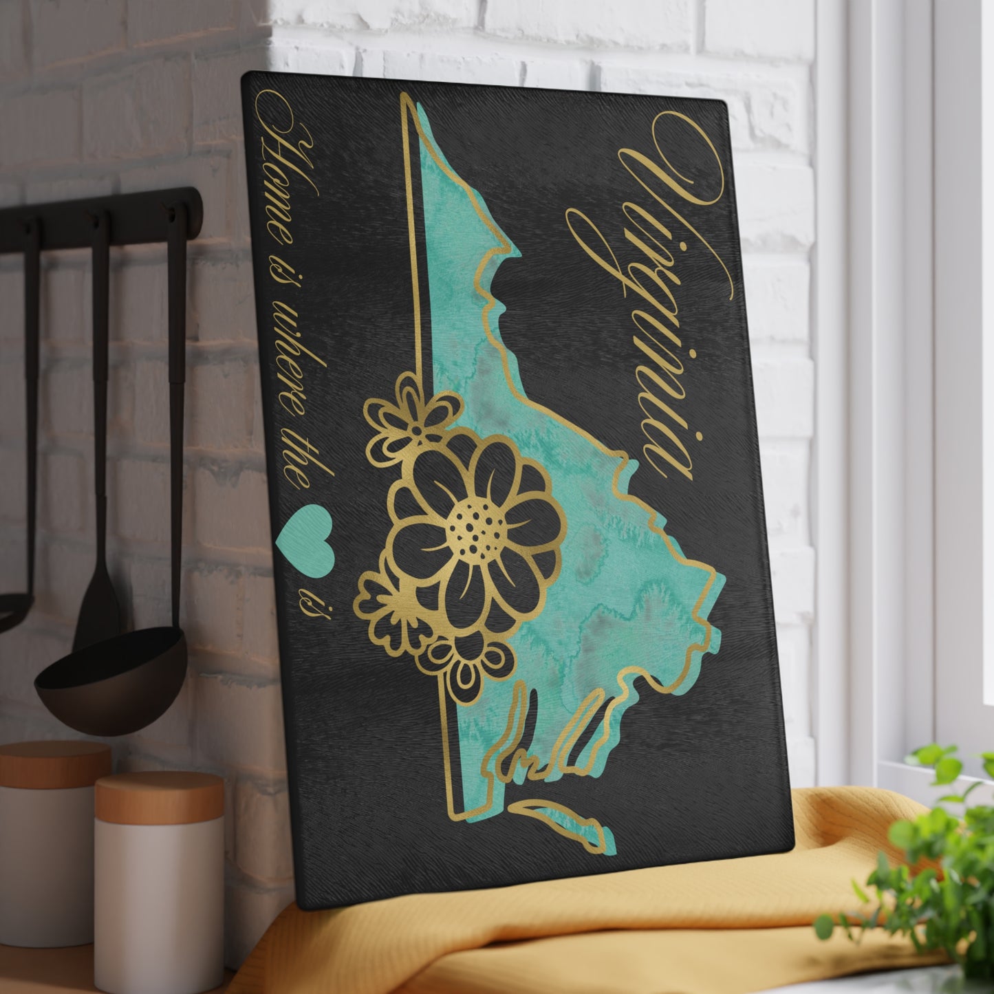 🌊 Virginia Floral State Cutting Board – Teal Tide & Golden Bloom Elegance 🌸