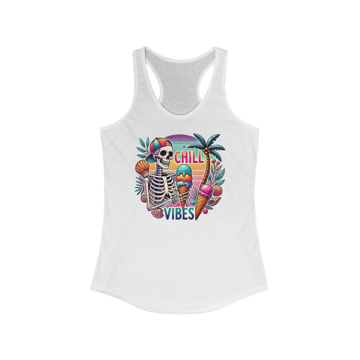 Camiseta de tirantes con espalda nadadora Summer Vibes: Diseño tropical brillante con palmeras y puesta de sol | Camiseta ligera para mujer | Solo en blanco