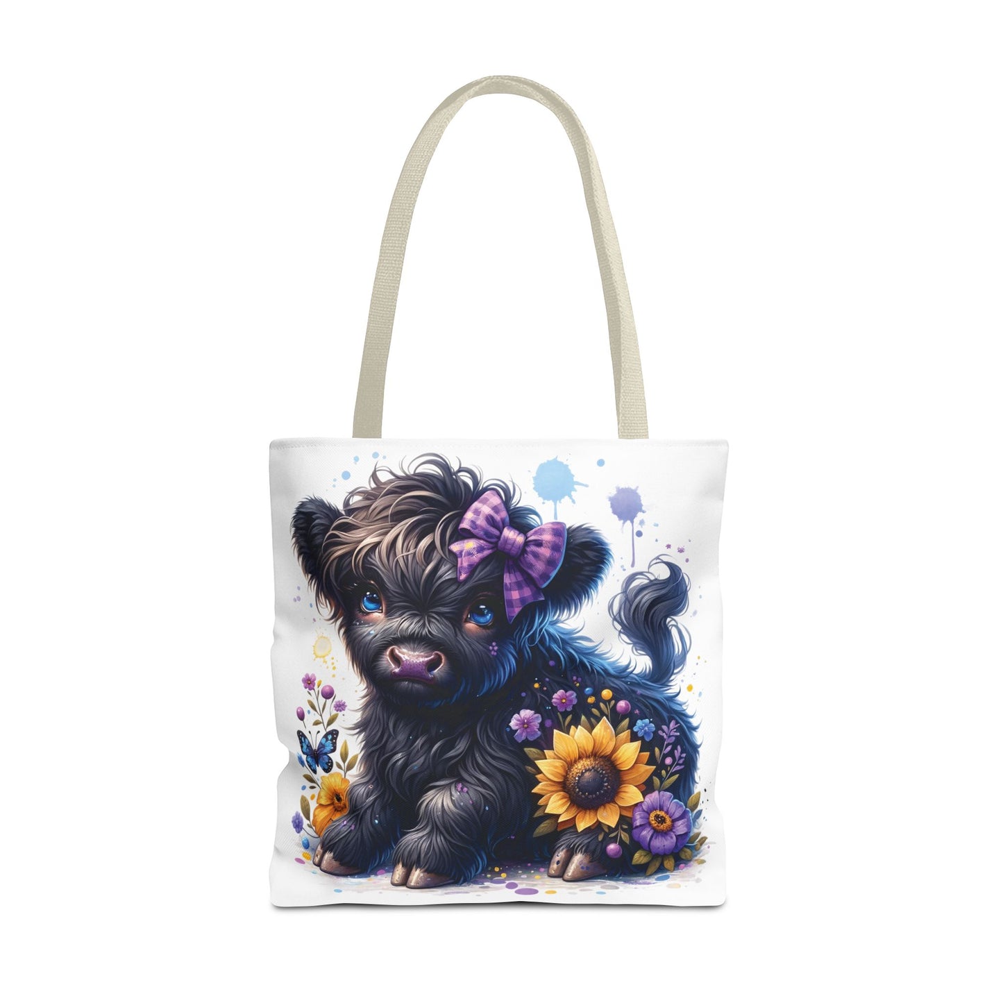 💜 Purple Bow Black Highland Calf Tote Bag – Country Charm with a Pop of Color 🐮👜