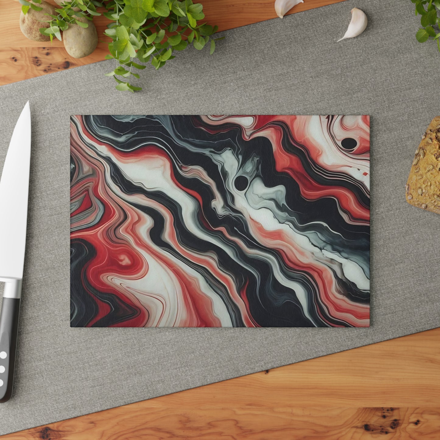 Tabla de cortar de vidrio con diseño de mármol rojo, negro y blanco: decoración de cocina moderna inspirada en el mármol, un regalo elegante y funcional.