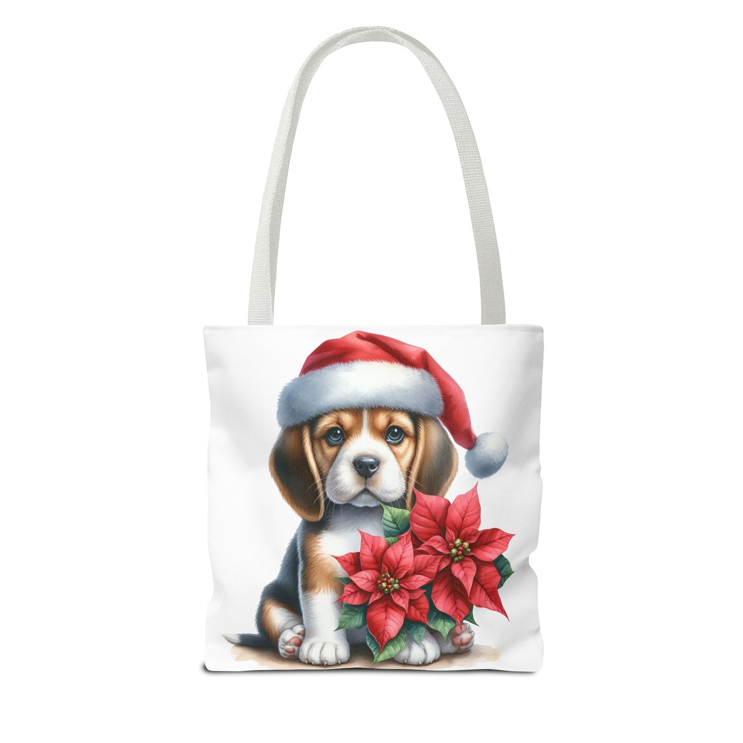 🐶 Beagle Puppy & Poinsettia Christmas Tote Bag – Sweet Holiday Charm in Every Step 🎄