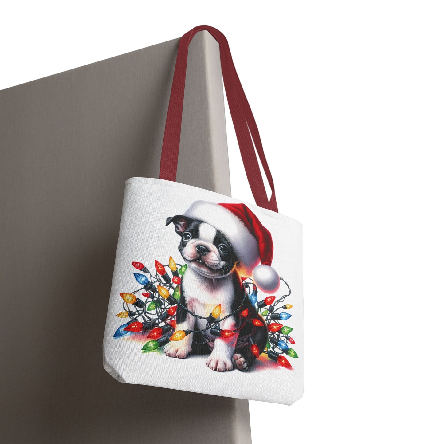 👜 Boston Terrier Christmas Lights Tote Bag – Holiday Sparkle Meets Puppy Love 🎄