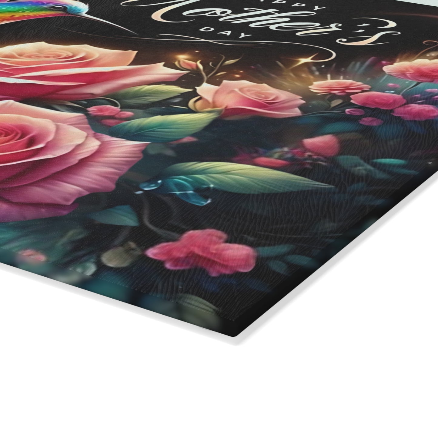 Hummingbird & Roses Tempered Glass Cutting Board – Floral Kitchen Decor, Spring Gift, Mother’s Day Present