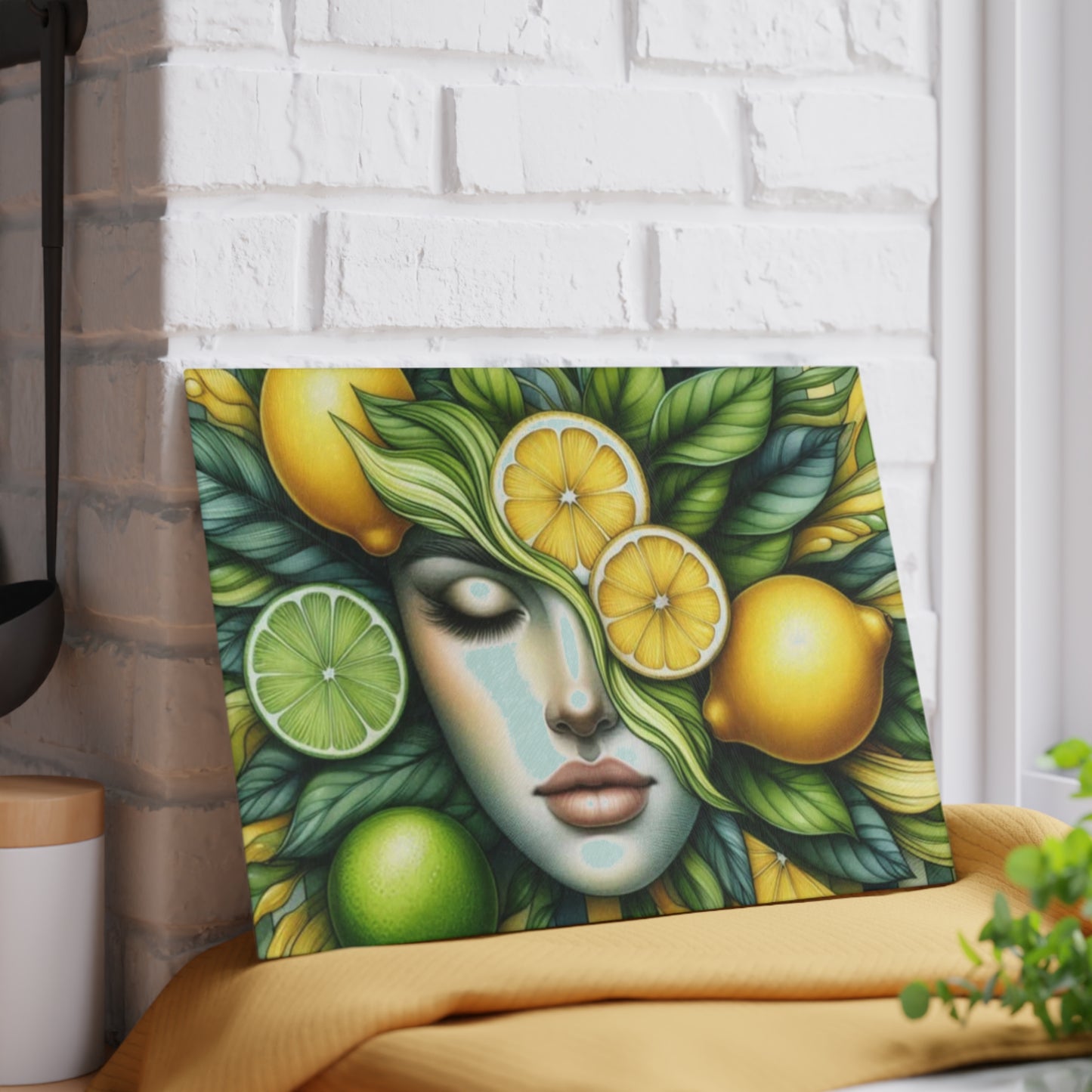 Tabla de cortar de vidrio con diseño de diosa de limón y lima: audaz, hermosa y refrescantemente única