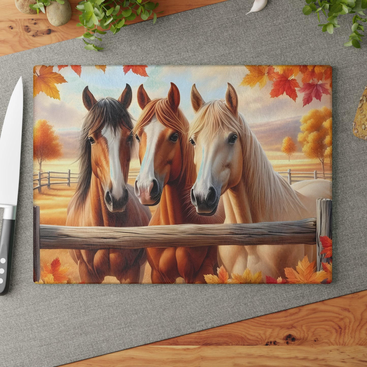 🐴 Autumn Pasture Horses Cutting Board – Rustic Elegance for Your Kitchen 🍂