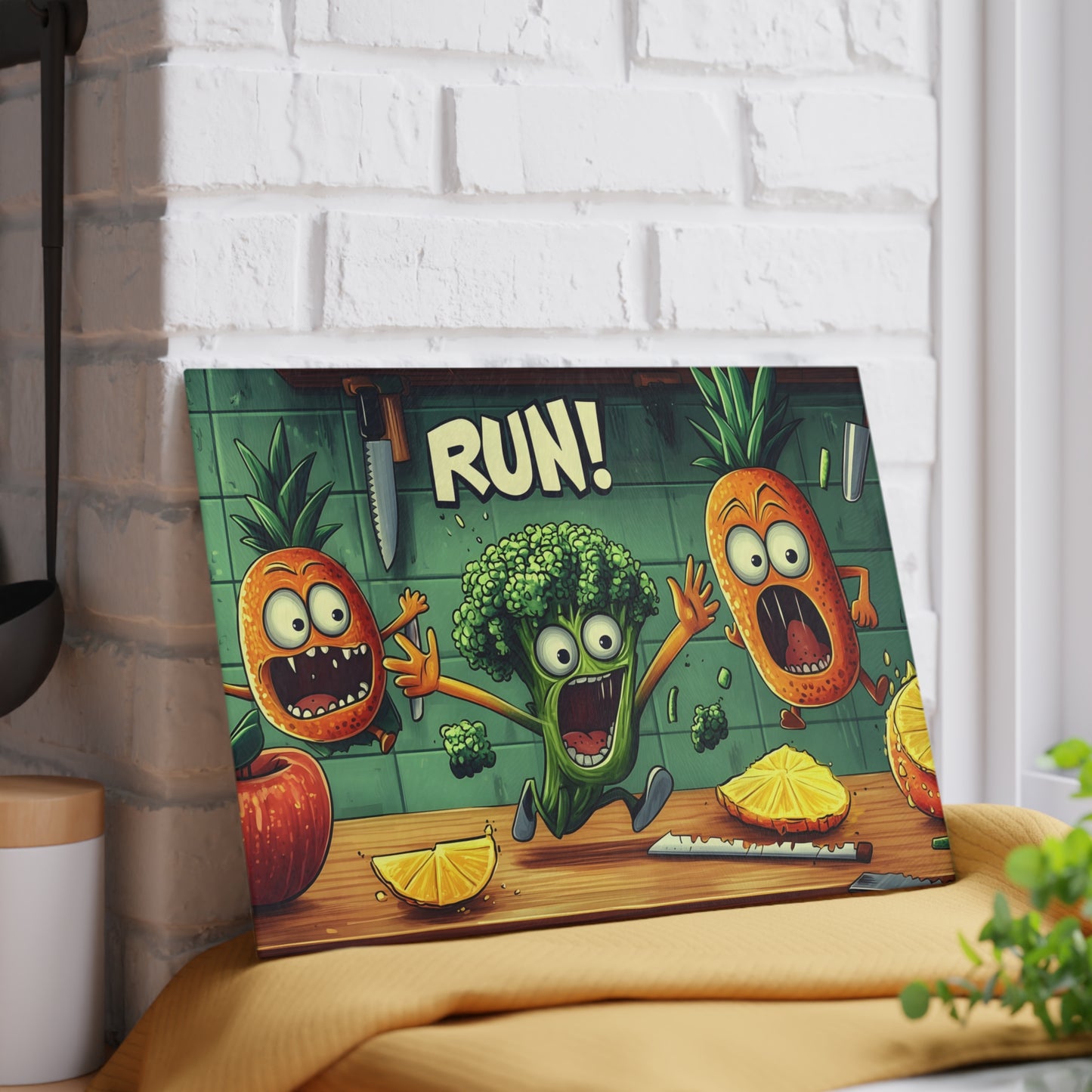 Tabla de cortar de vidrio "¡CORRE!" - Decoración de cocina de humor de Scared Veggies 😱🔪