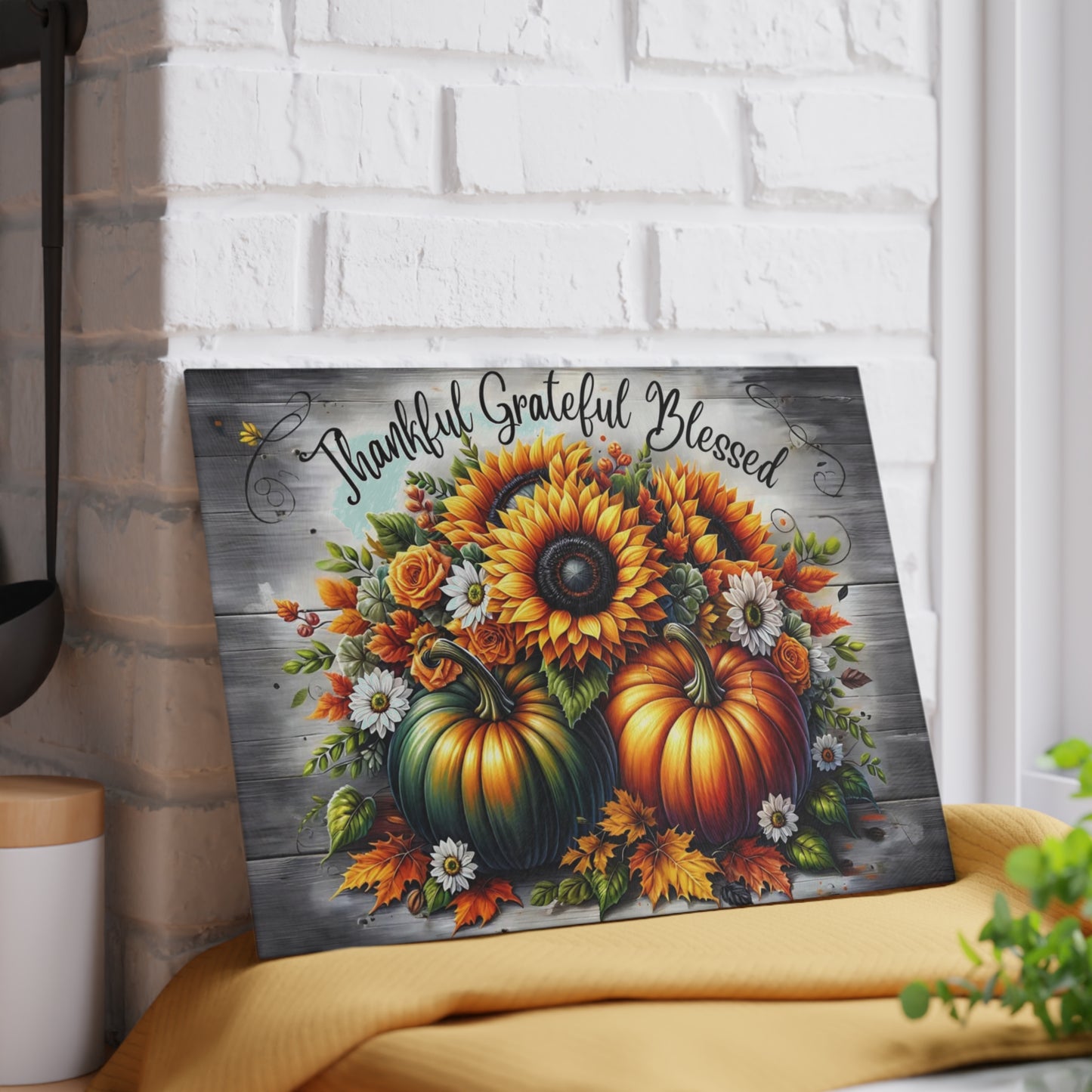 🌻🎃 Thankful Grateful Blessed Cutting Board – Autumn Sunflowers & Pumpkins for Seasonal Charm 🍁✨