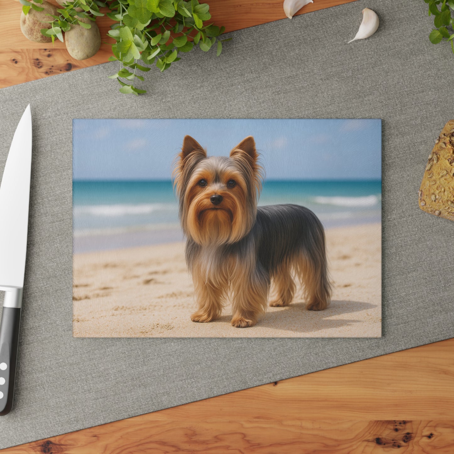 🐾🌊 Yorkie by the Ocean Cutting Board – Breezy Elegance for Your Kitchen 🌴