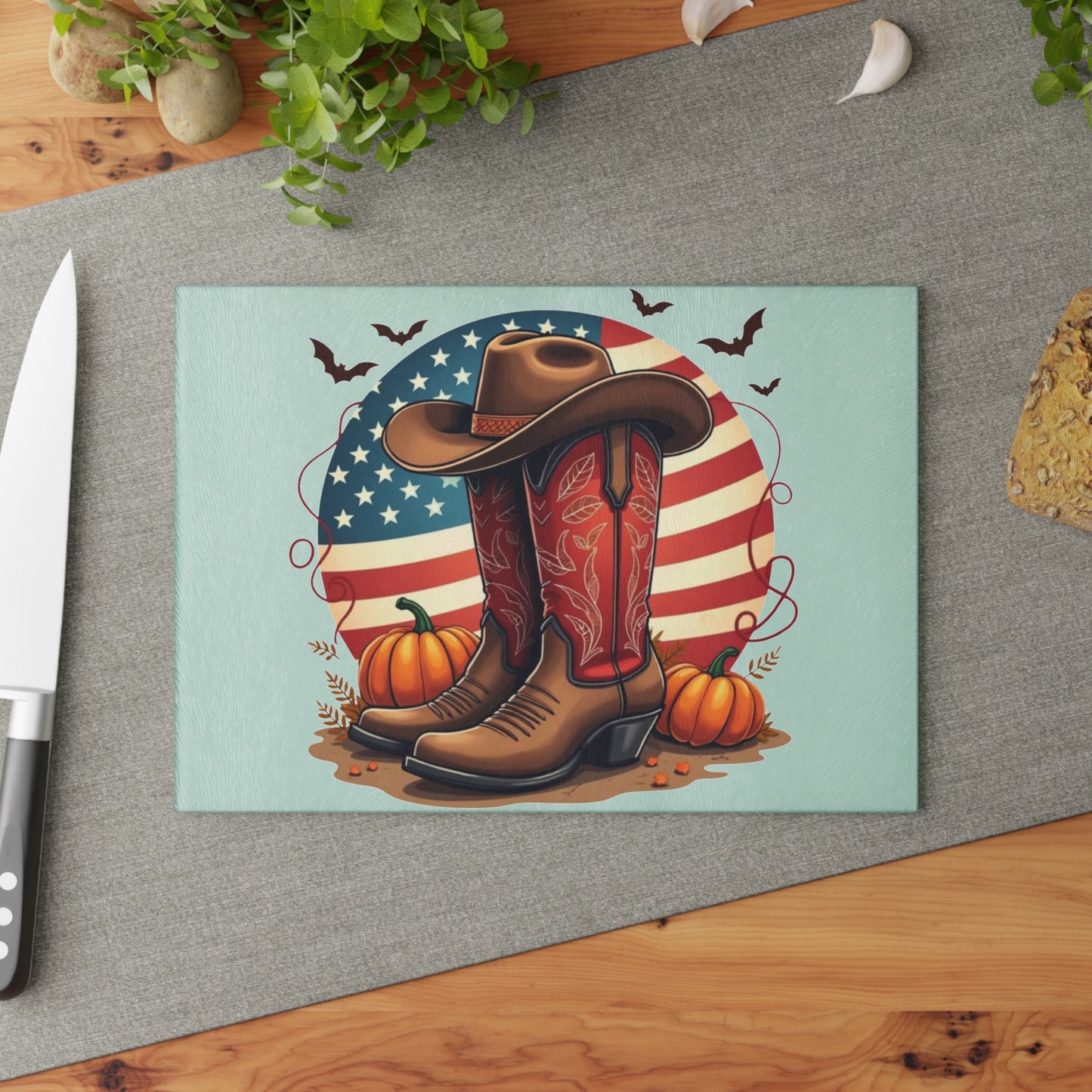 🤠🎃 Western Boots & Pumpkins Cutting Board – Rustic Autumn Charm for Your Kitchen 🇺🇸