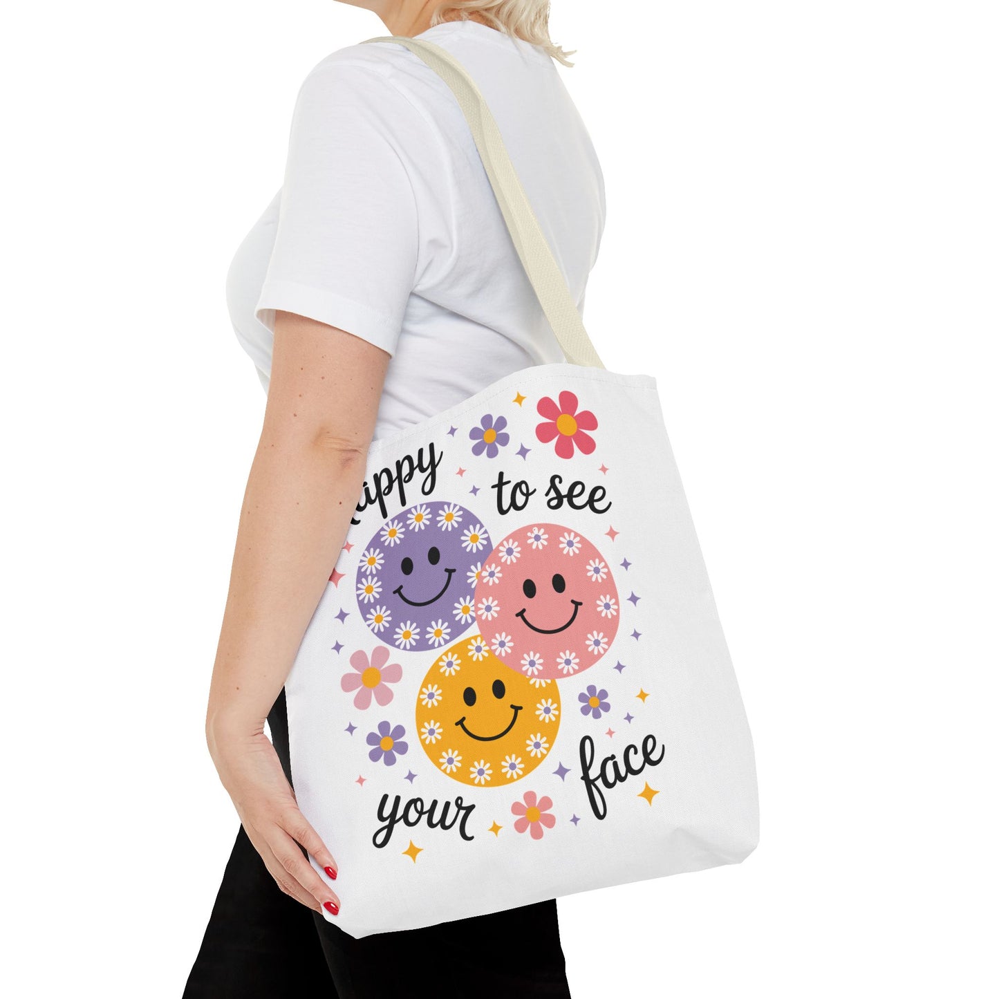 ๐ผ Happy Face Daisy Tote Bag โ Retro Smiles with Floral Charm ๐ธ