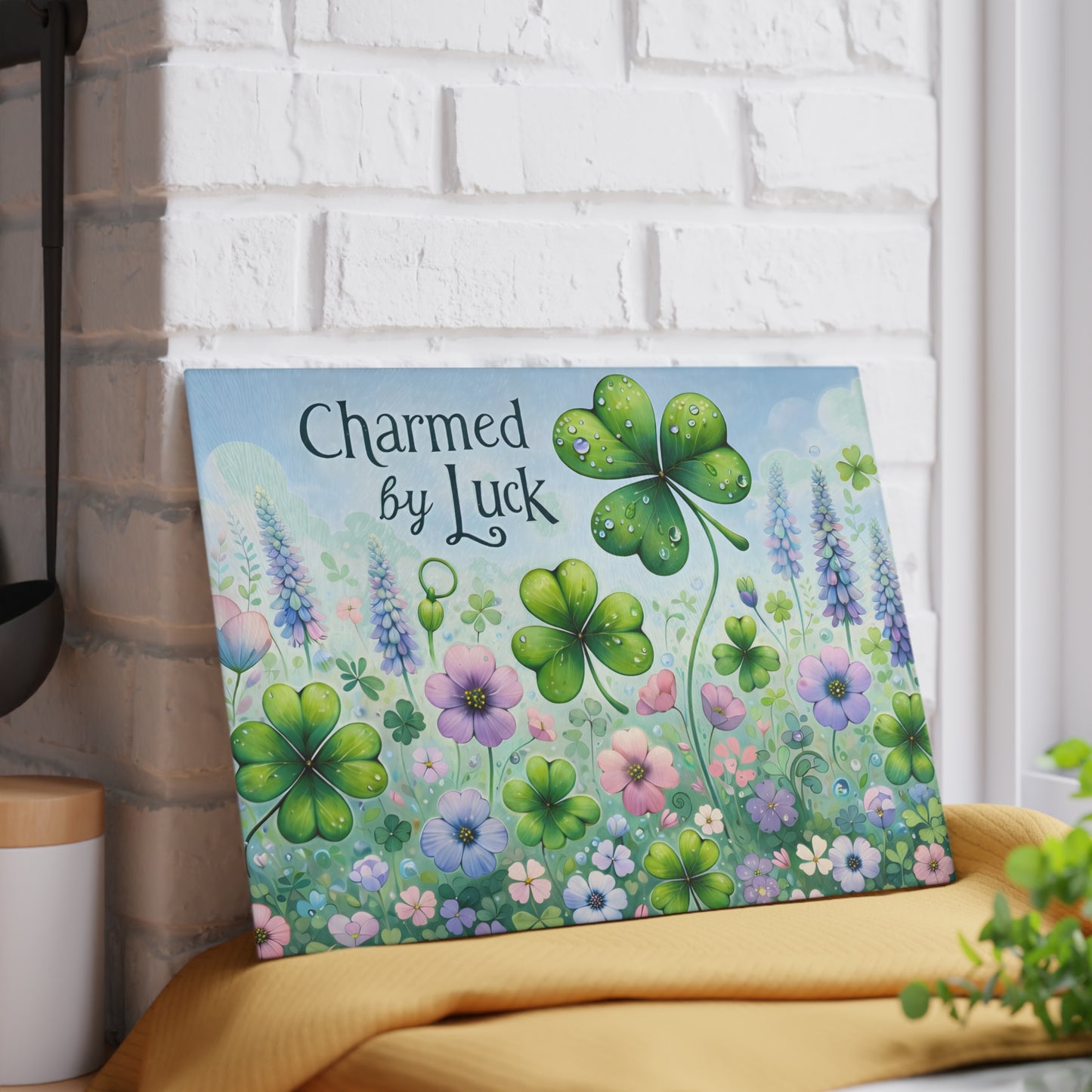 Charmed by Luck Floral Shamrock Glass Cutting Board – Whimsical St. Patrick’s Day Kitchen Art