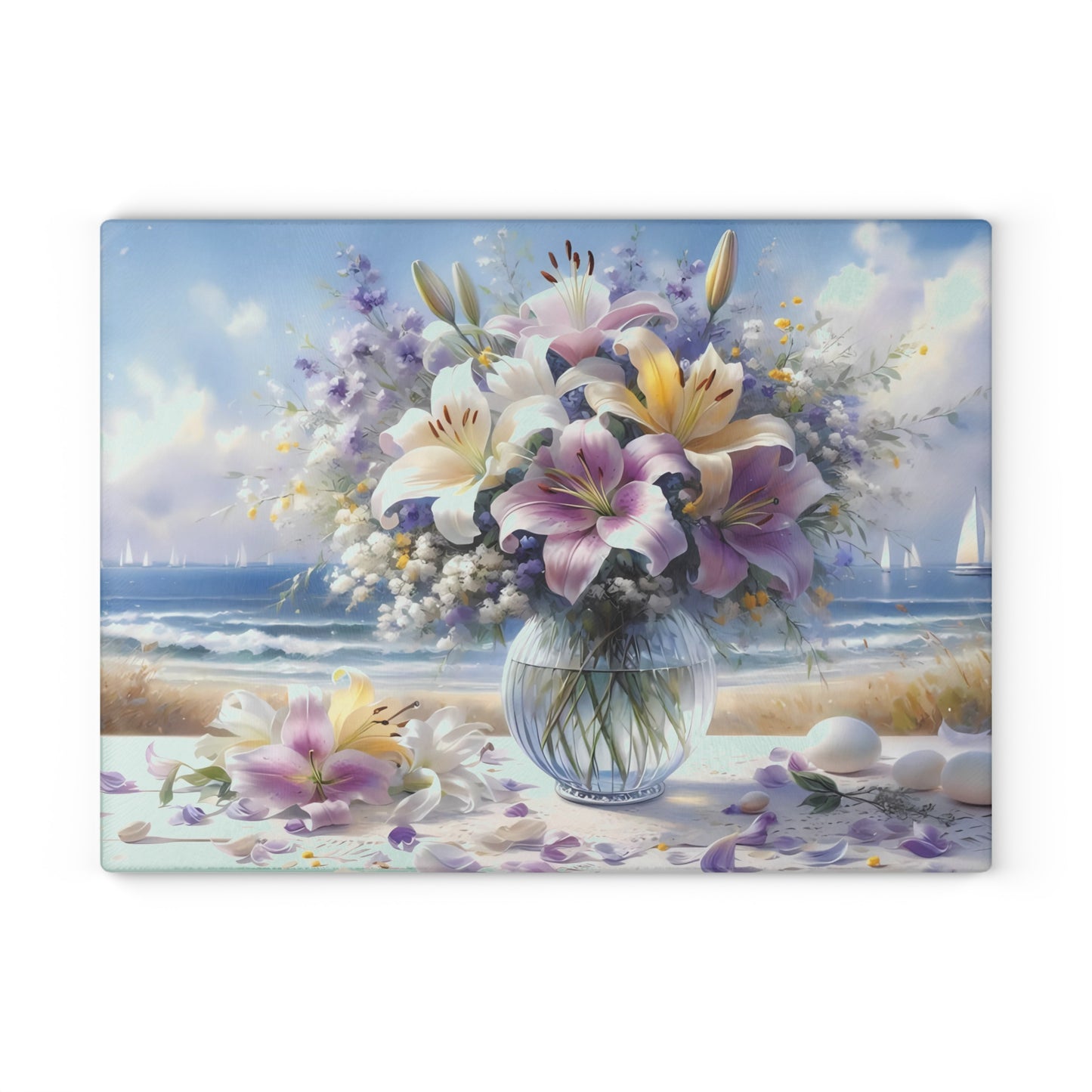Tabla de cortar con diseño de lirios marinos: decoración floral costera para cocinas elegantes