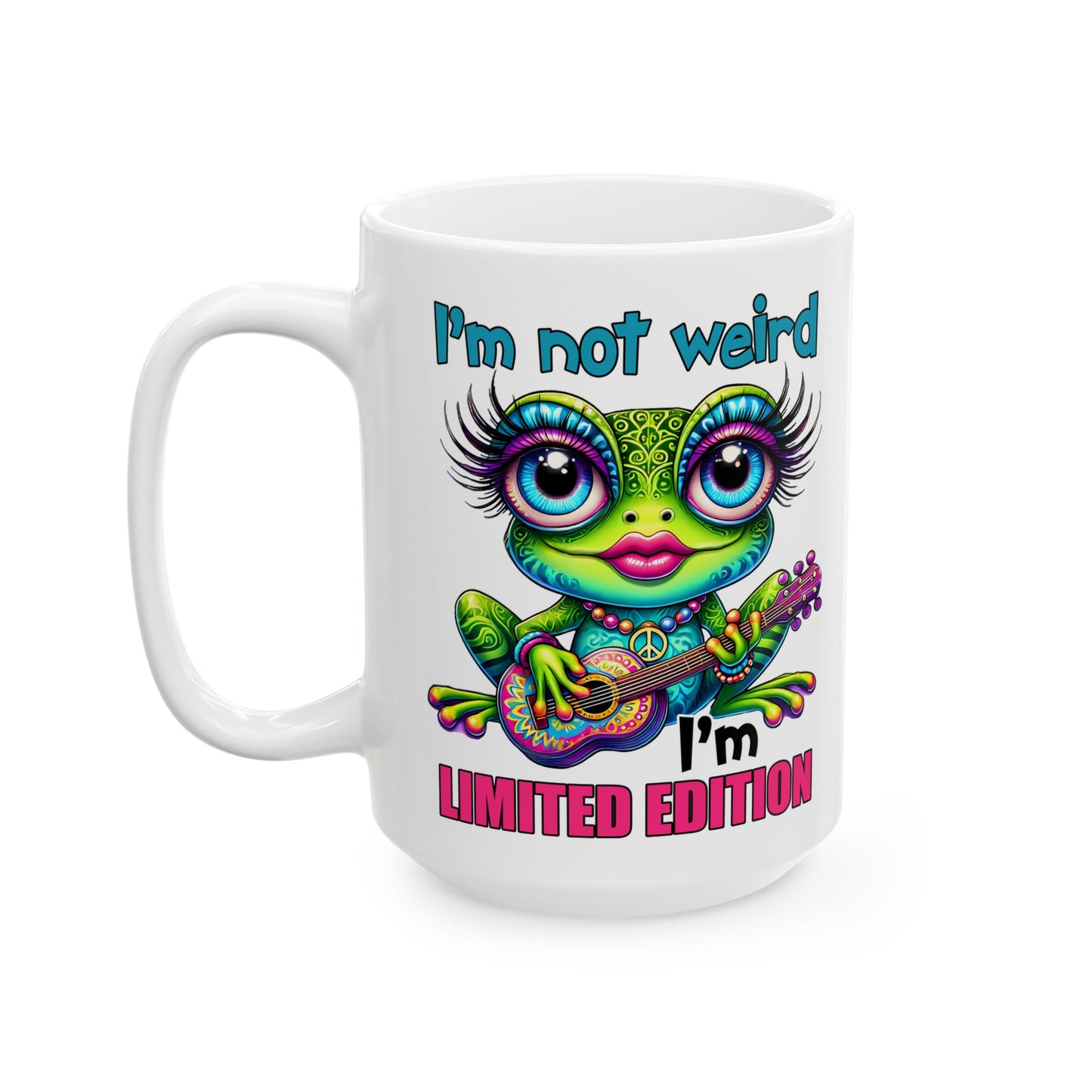 🌀 No soy raro, soy edición limitada: taza colorida de rana hippie con guitarra y actitud