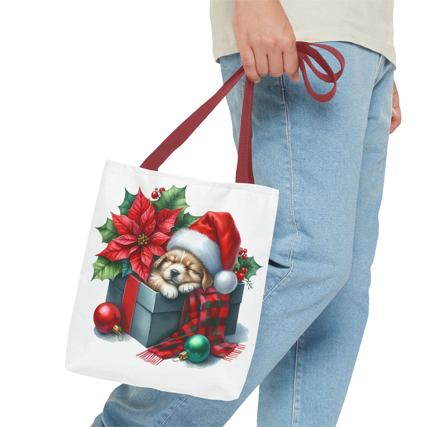 🎁 Sleeping Puppy in Gift Box Christmas Tote – Cozy Holiday Charm for Dog Lovers 🐾