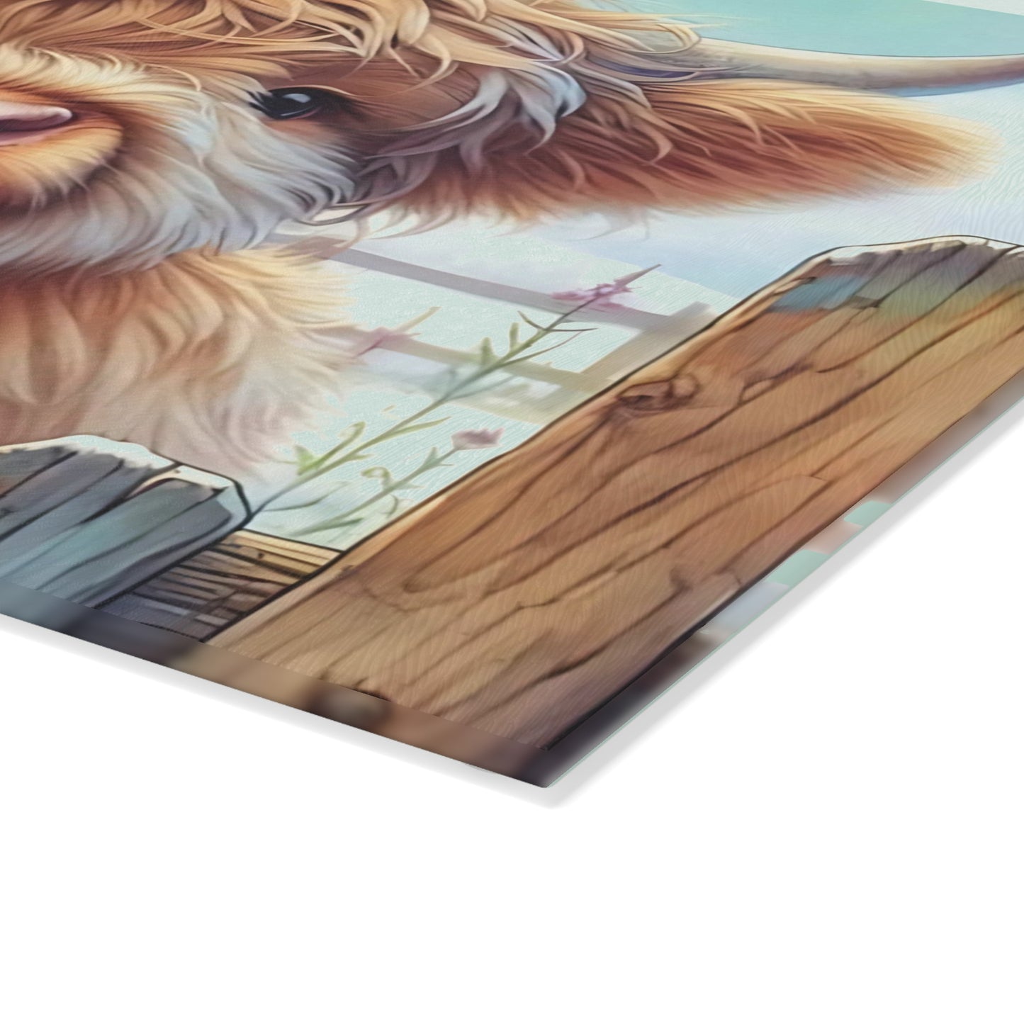 🐄 Highland Cow Looking Over a Wooden Fence Glass Cutting Board 🪵