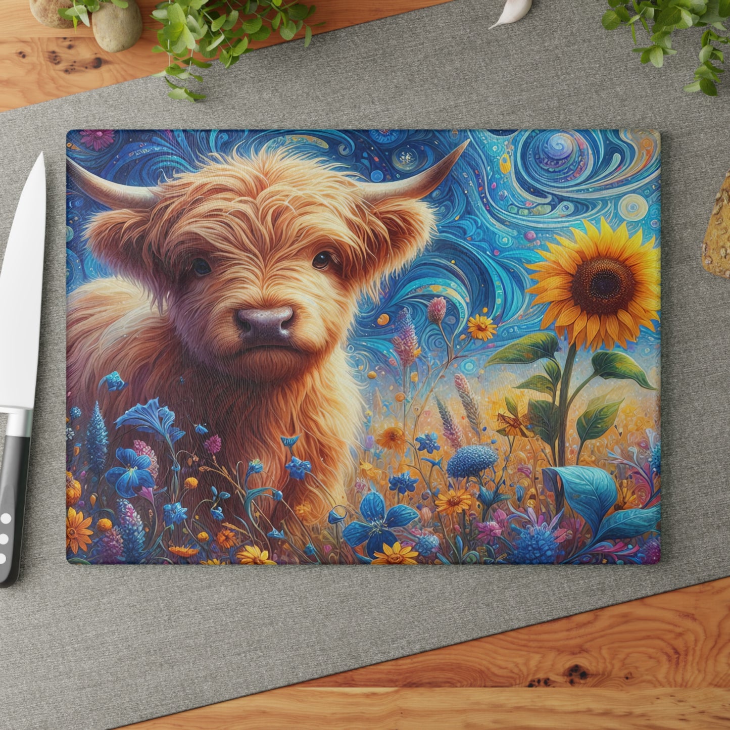 🐮🌻 Whimsy Highland Cow Glass Cutting Board – Floral Fantasy Farmhouse Style