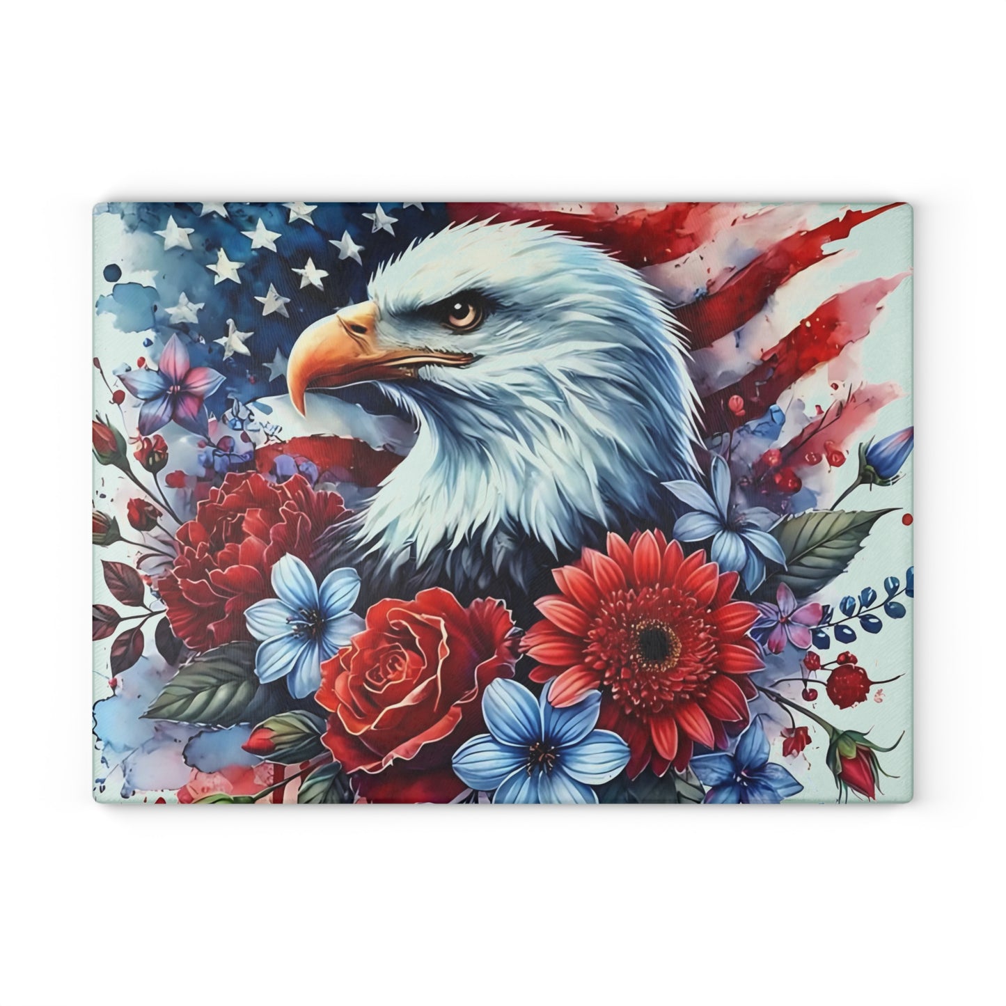 Tabla de cortar con diseño de águila calva y bandera estadounidense, regalo único, tabla de cortar de vidrio, tabla de charcutería, tabla de cortar personalizada, flores