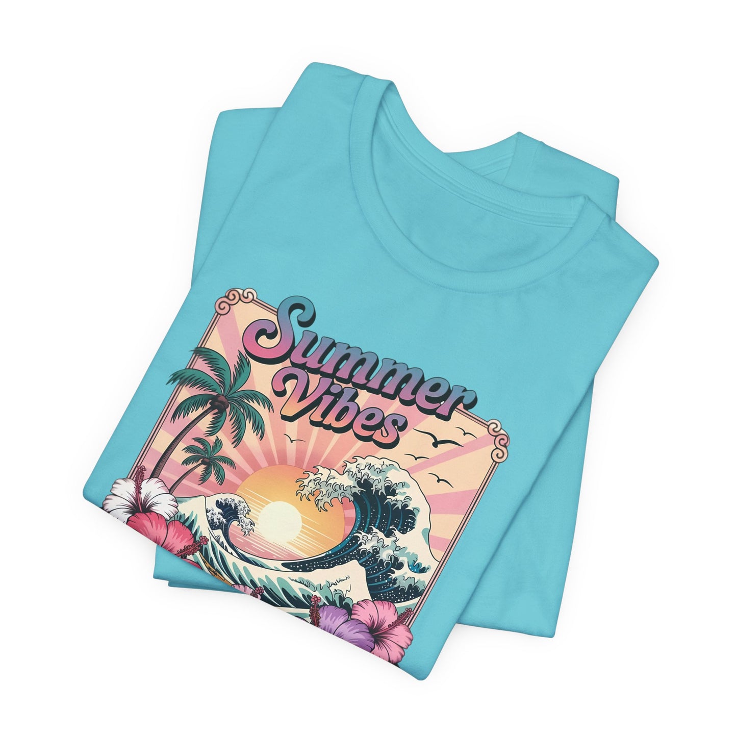 ☀️ Camiseta Summer Vibes – Ola playera vibrante, hibisco y palmeras | Camiseta gráfica para mujer