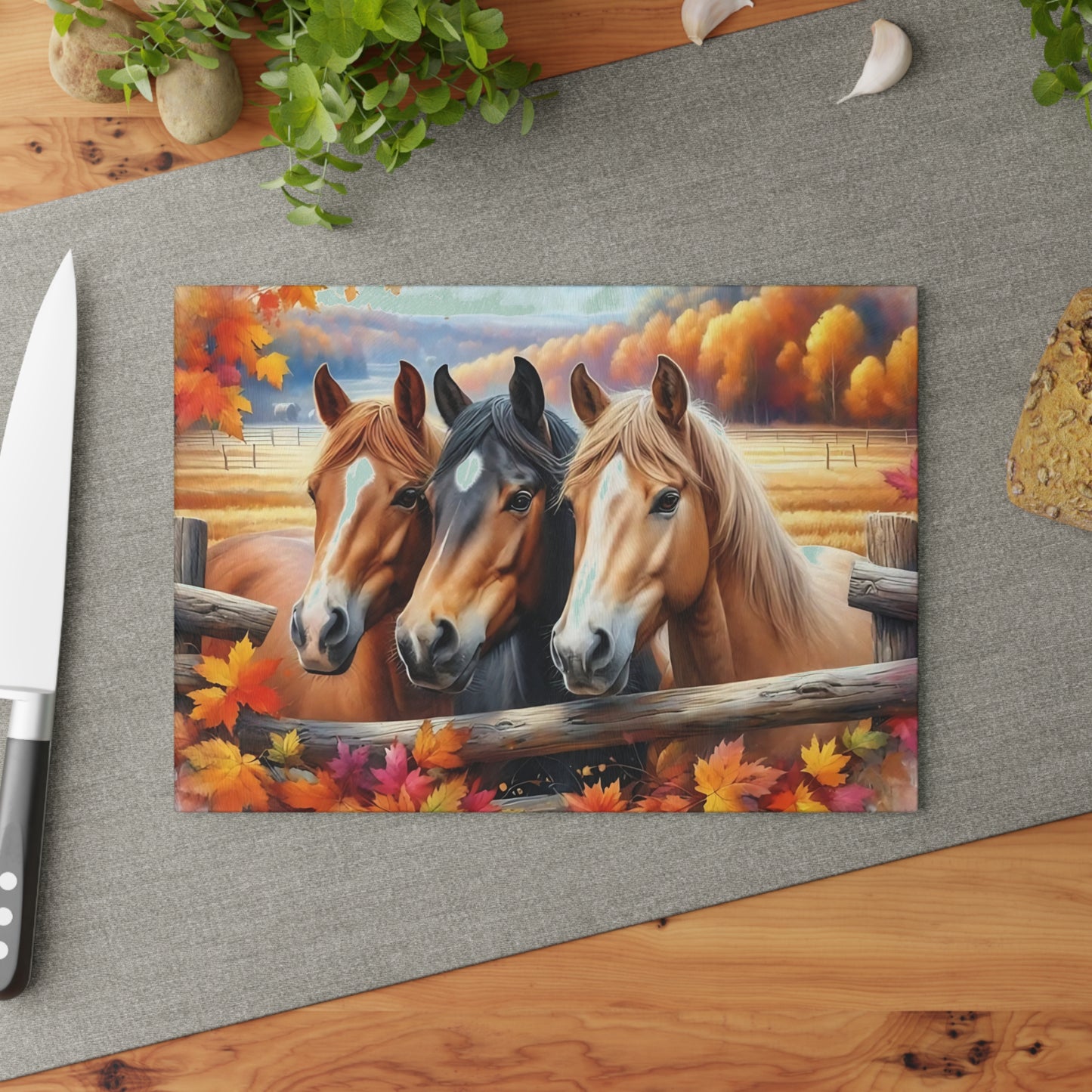 🐎🍂 Autumn Horses Glass Cutting Board – Rustic Country Charm for Your Kitchen 🍂🐎