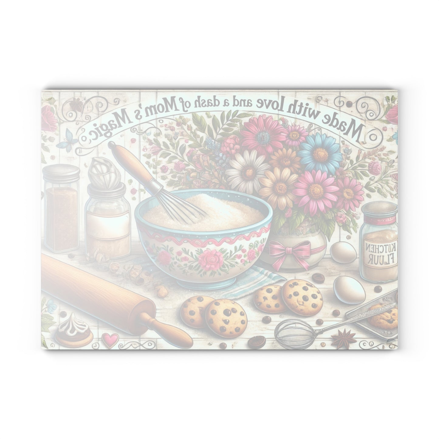 Tabla de cortar de vidrio “Hecha con amor y un toque de la magia de mamá”: decoración de cocina inspirada en la repostería saludable 🧁✨