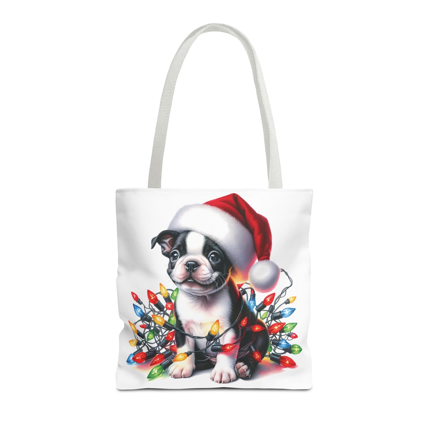 👜 Boston Terrier Christmas Lights Tote Bag – Holiday Sparkle Meets Puppy Love 🎄